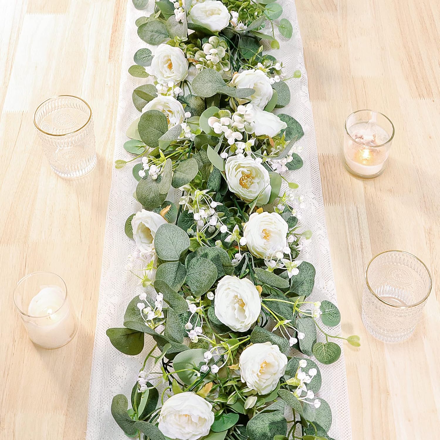 TOCHGREEN Artificial Eucalyptus Garland with White Roses 2 Pack