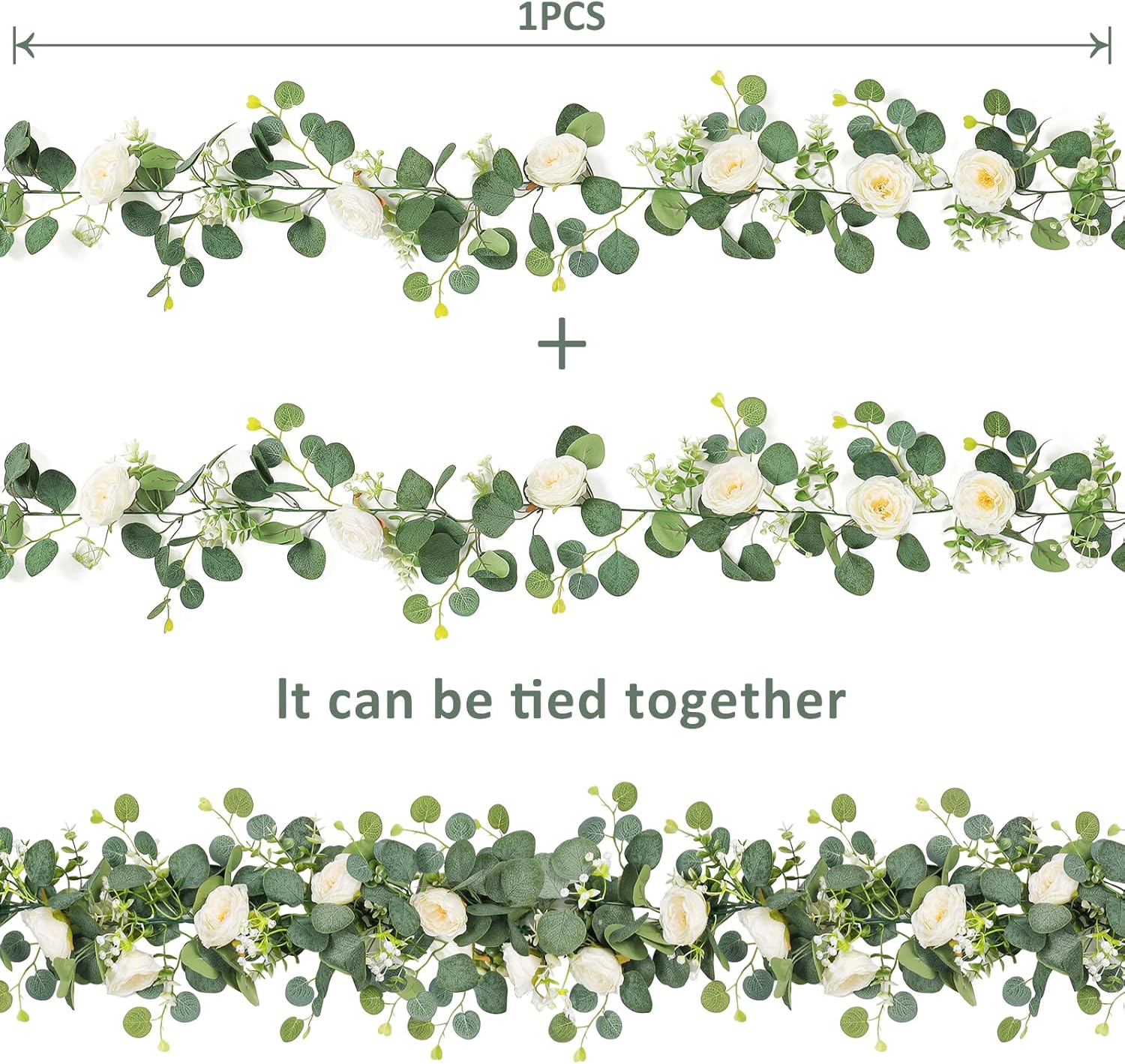 TOCHGREEN Artificial Eucalyptus Garland with White Roses 2 Pack