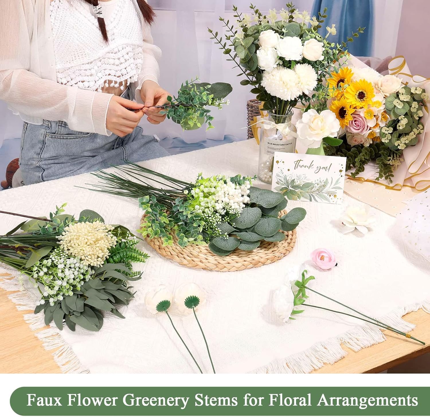 120 Pcs Mixed Artificial Eucalyptus Stems and Flowers Bundle