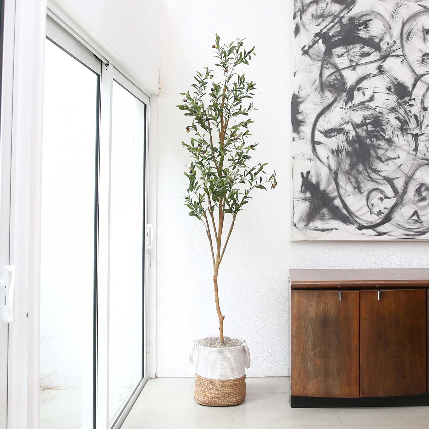 Nearly Natural 7FT Artificial Olive Tree with Jute Basket