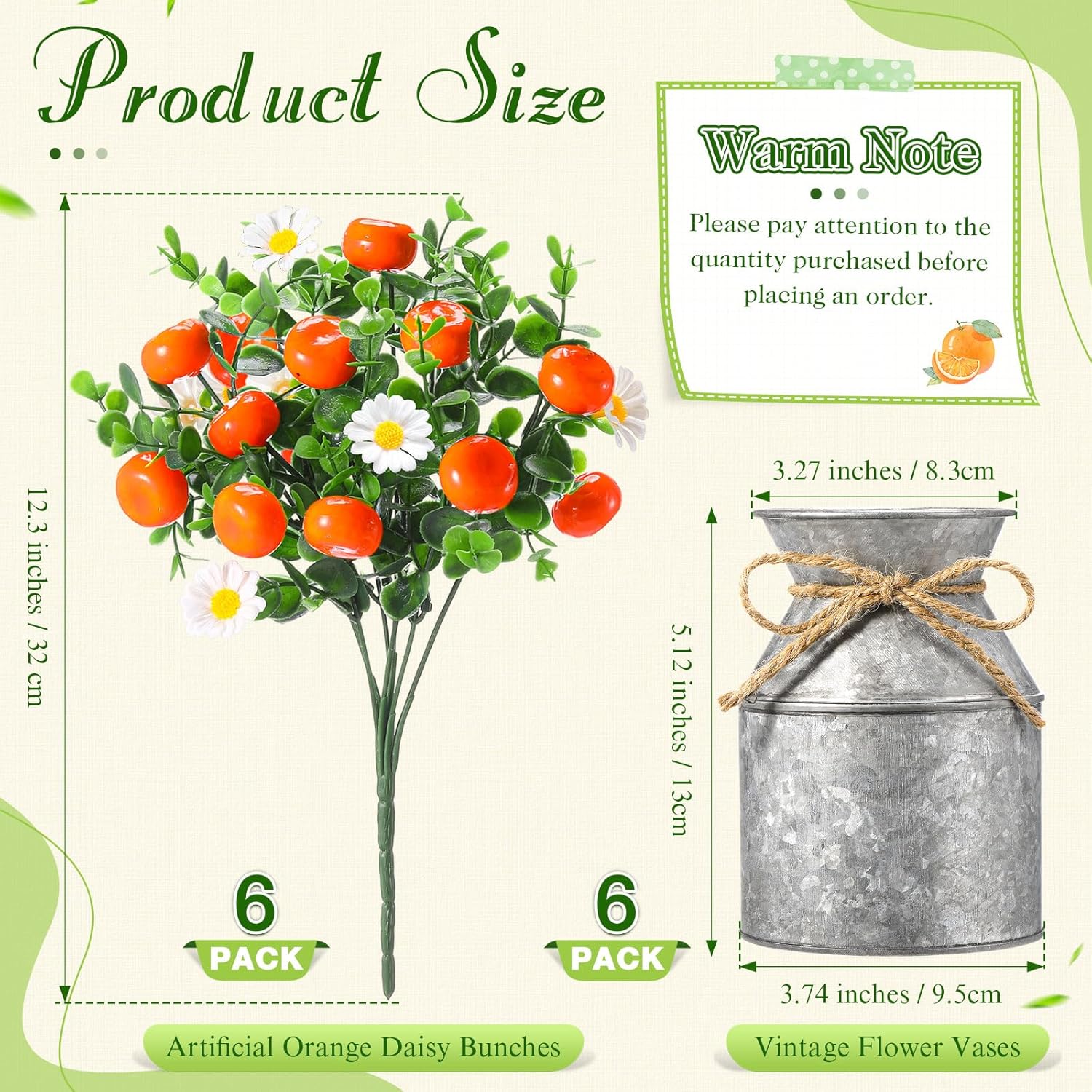 6 Piece Orange Centerpieces with Daisy Flowers and Vase