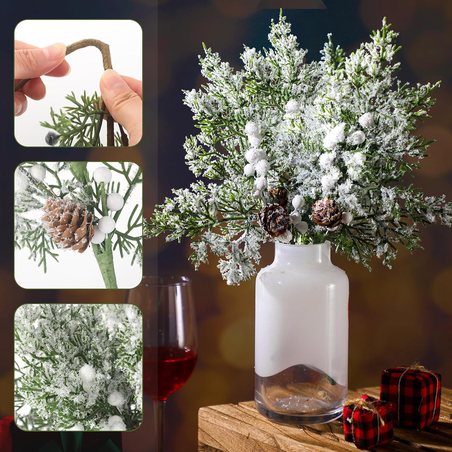 Lyrow 24 Pcs White Berry Christmas Artificial Cedar Branches with Snow