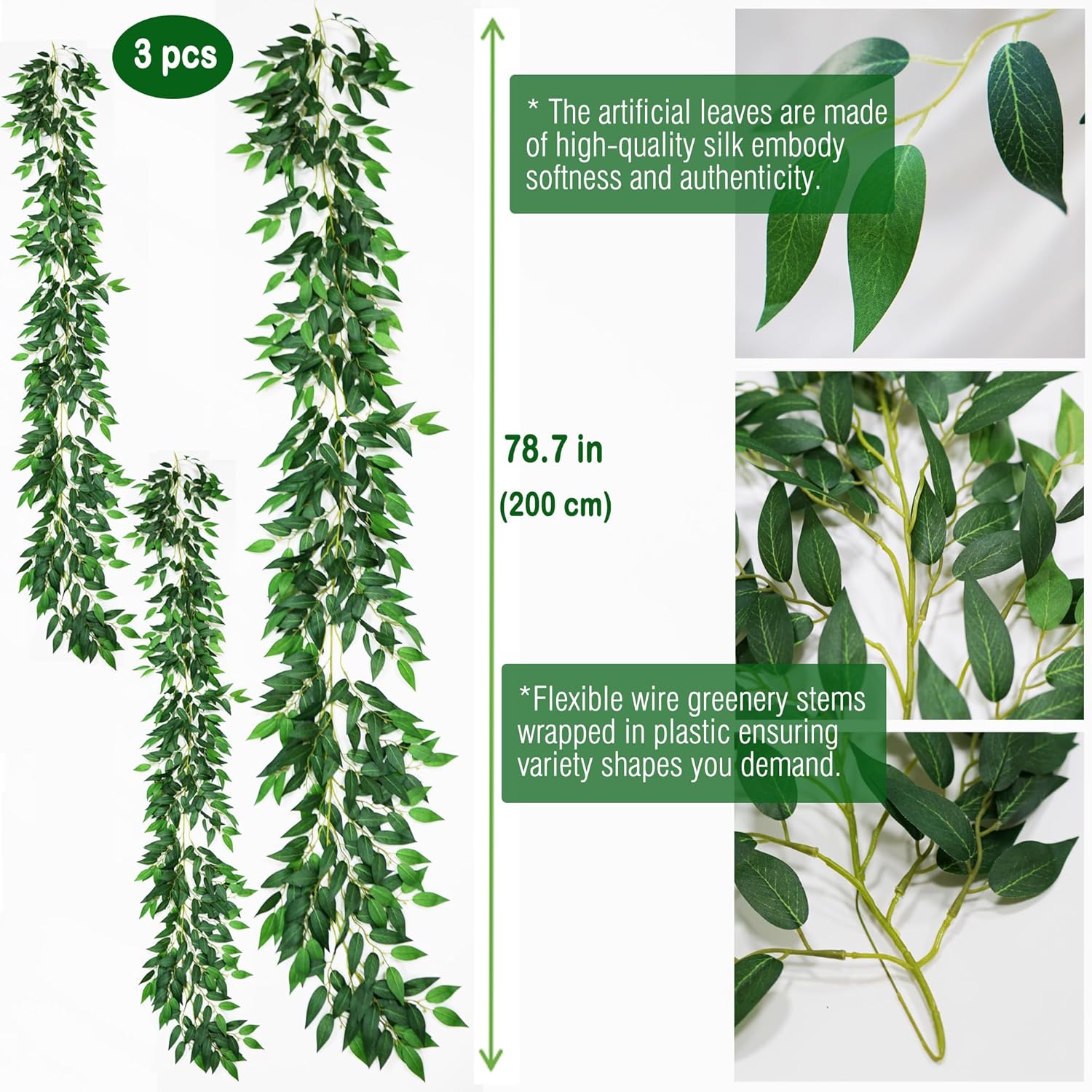 3 Strand Artificial Italian Ruscus Vines Garland 78 Inches
