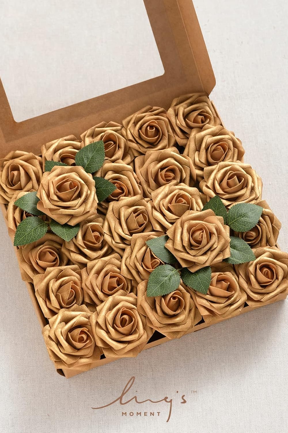 Lings Moment Artificial Gold Roses 25Pcs with Stems