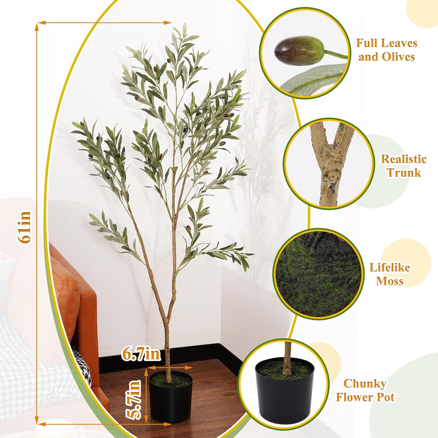 KULAMOON Artificial Olive Tree with Planter 5ft Black Realistic Fruits