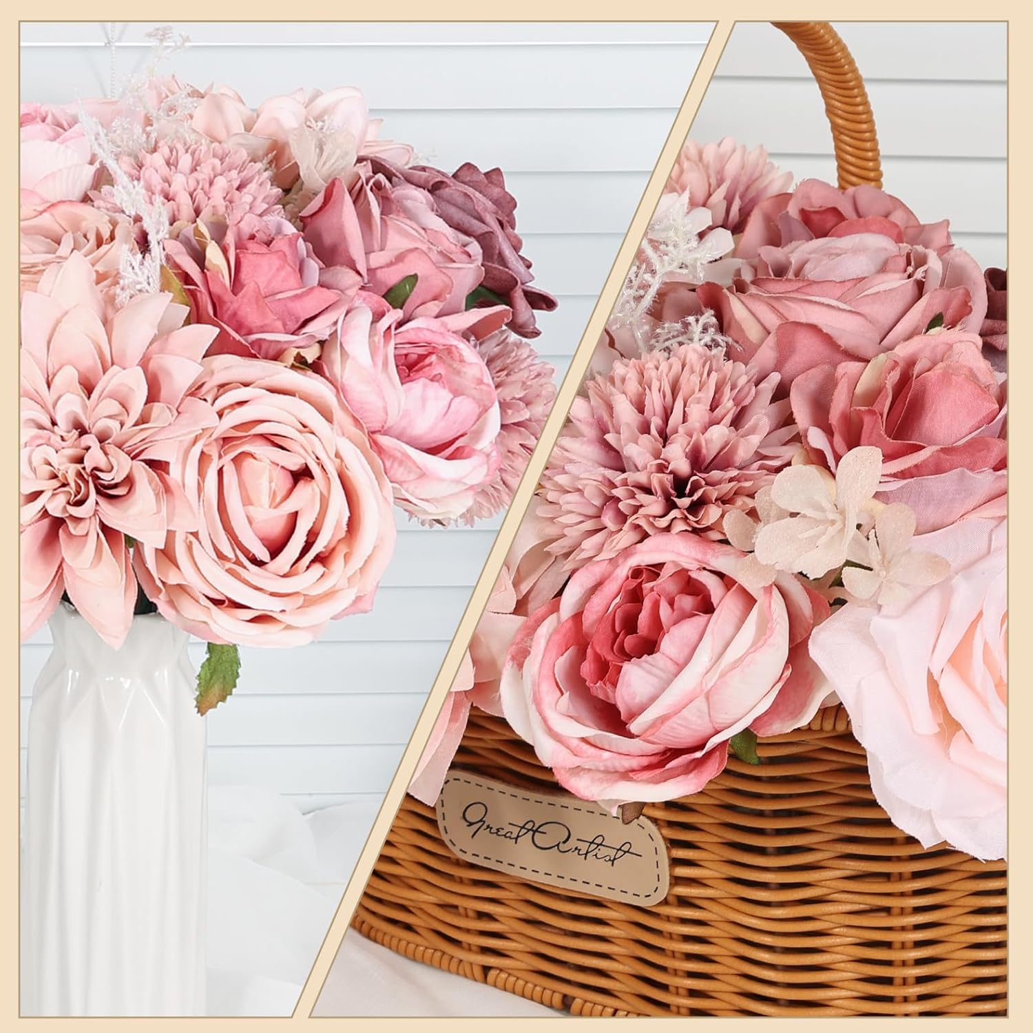 Dusty Pink Artificial Roses with Stems Bouquet Set