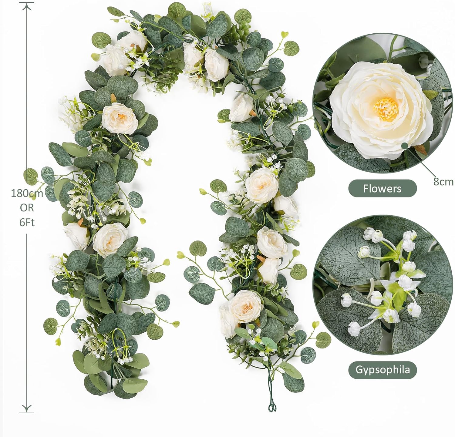 TOCHGREEN Artificial Eucalyptus Garland with White Roses 2 Pack