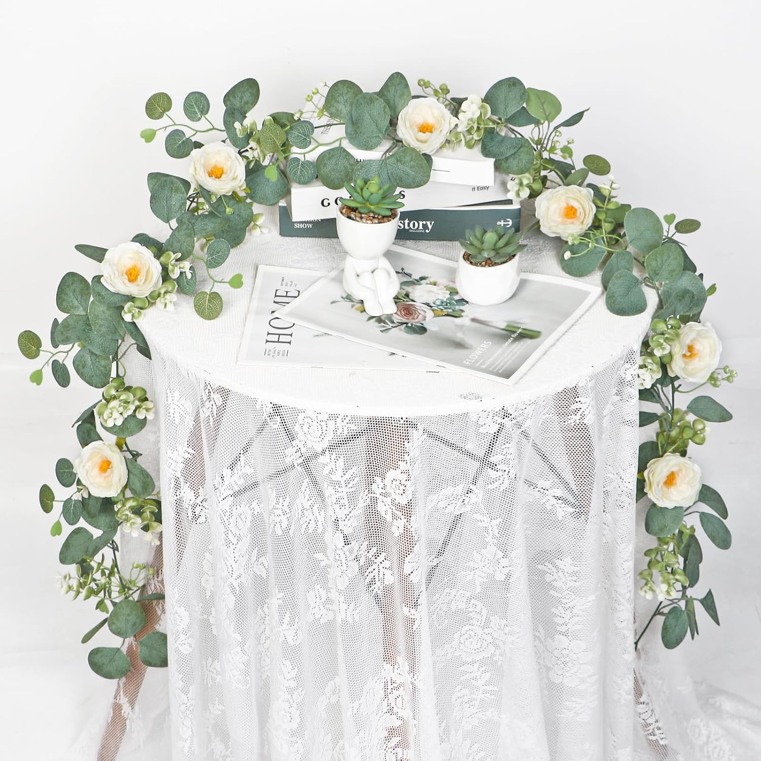 TOCHGREEN Artificial Eucalyptus Garland with White Roses 2 Pack