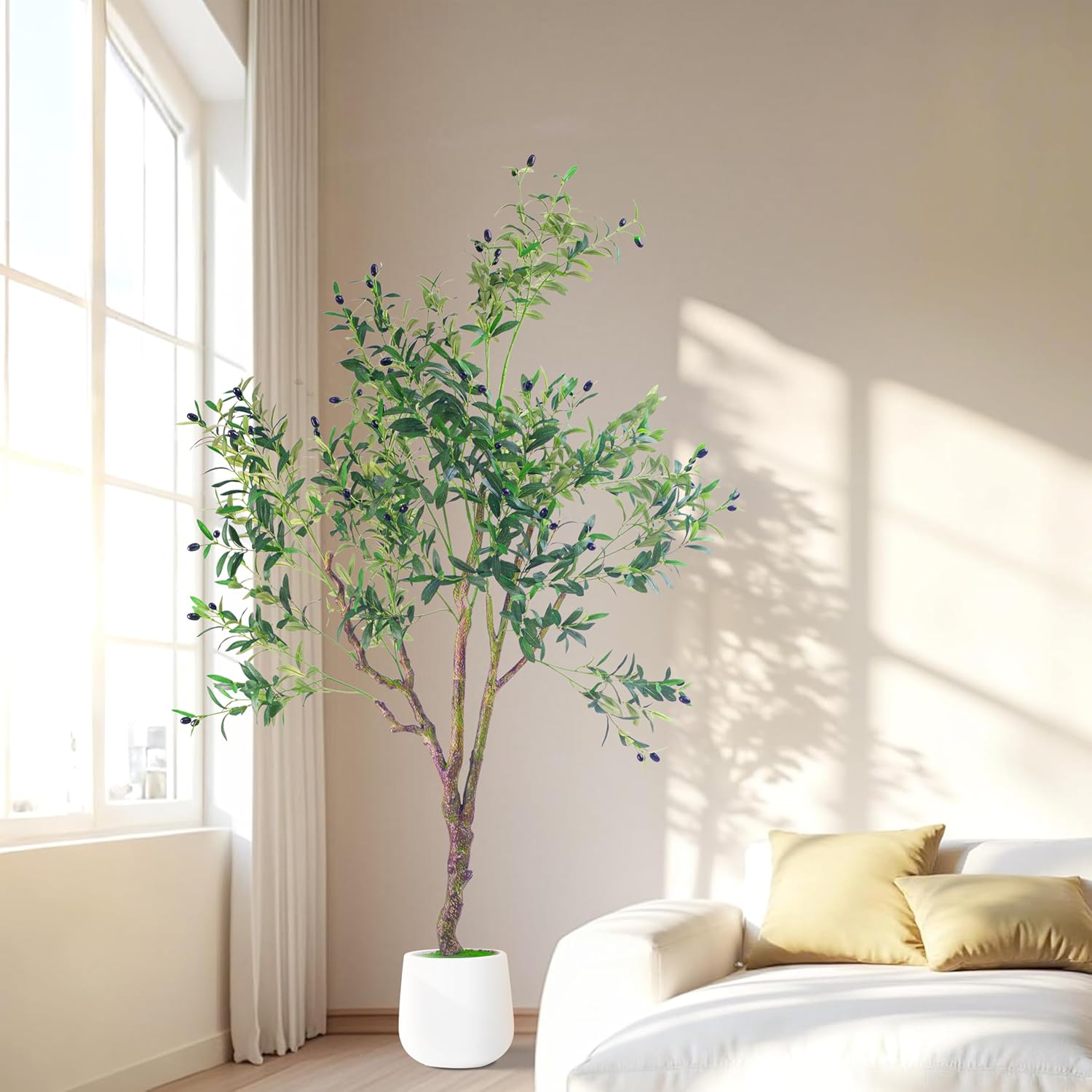 Faux Olive Tree 6FT Tall with White Planter and Lifelike Fruits