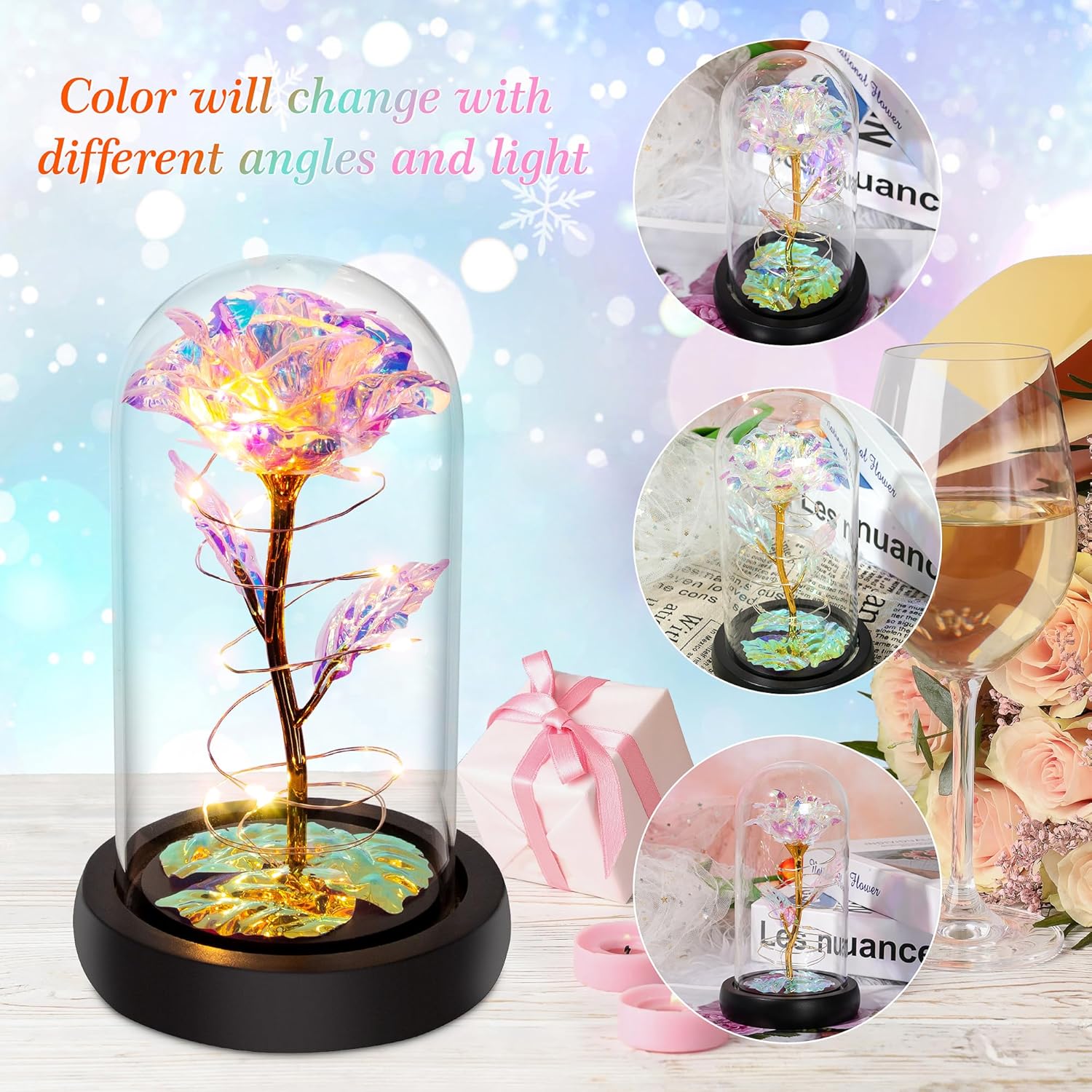 Light Up Rose in Glass Dome Birthday Gift for Her