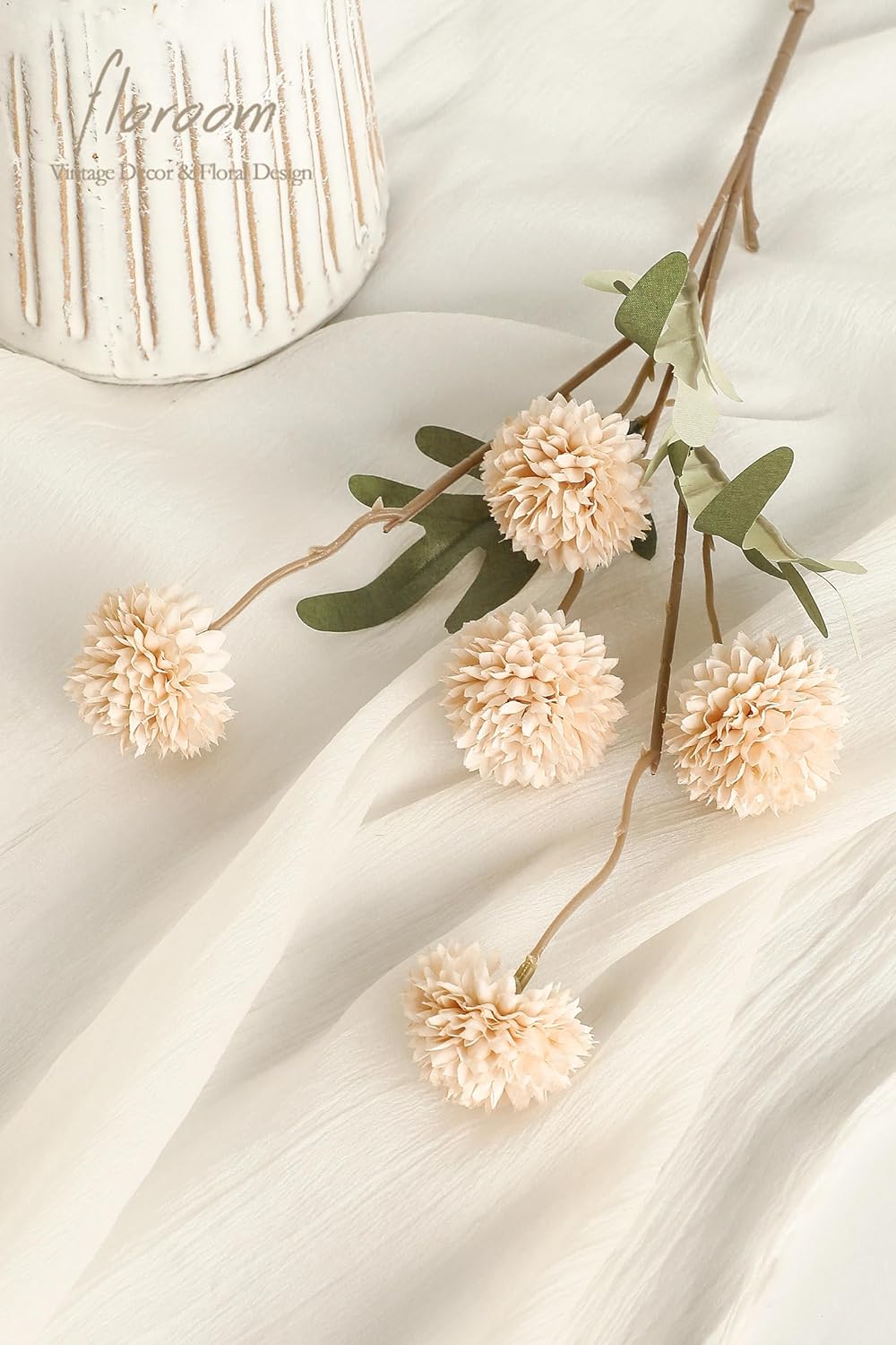 Floroom 5pcs Faux Silk Pompon Mums Artificial Flowers Beige