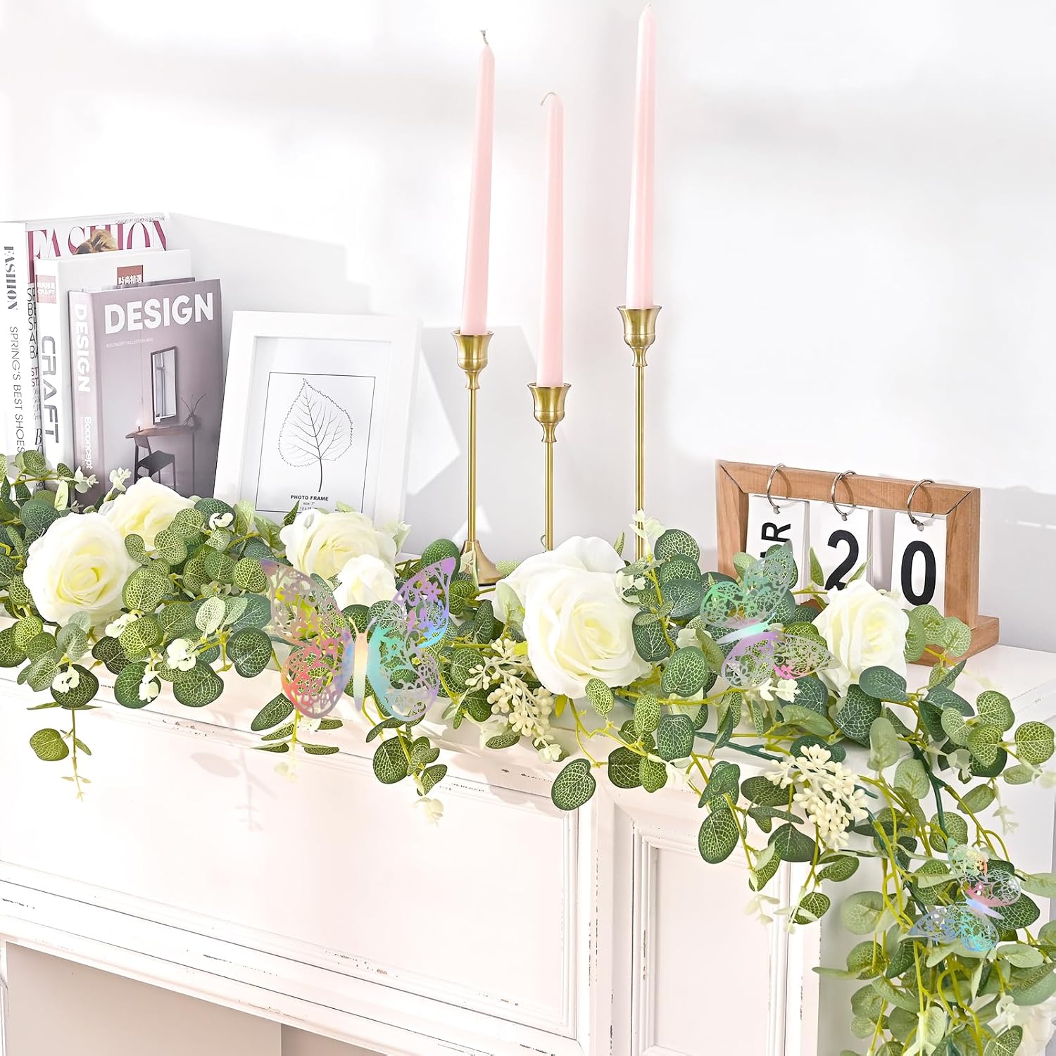 Yastouay 66 Ft White Flower Garland with 3D Butterflies