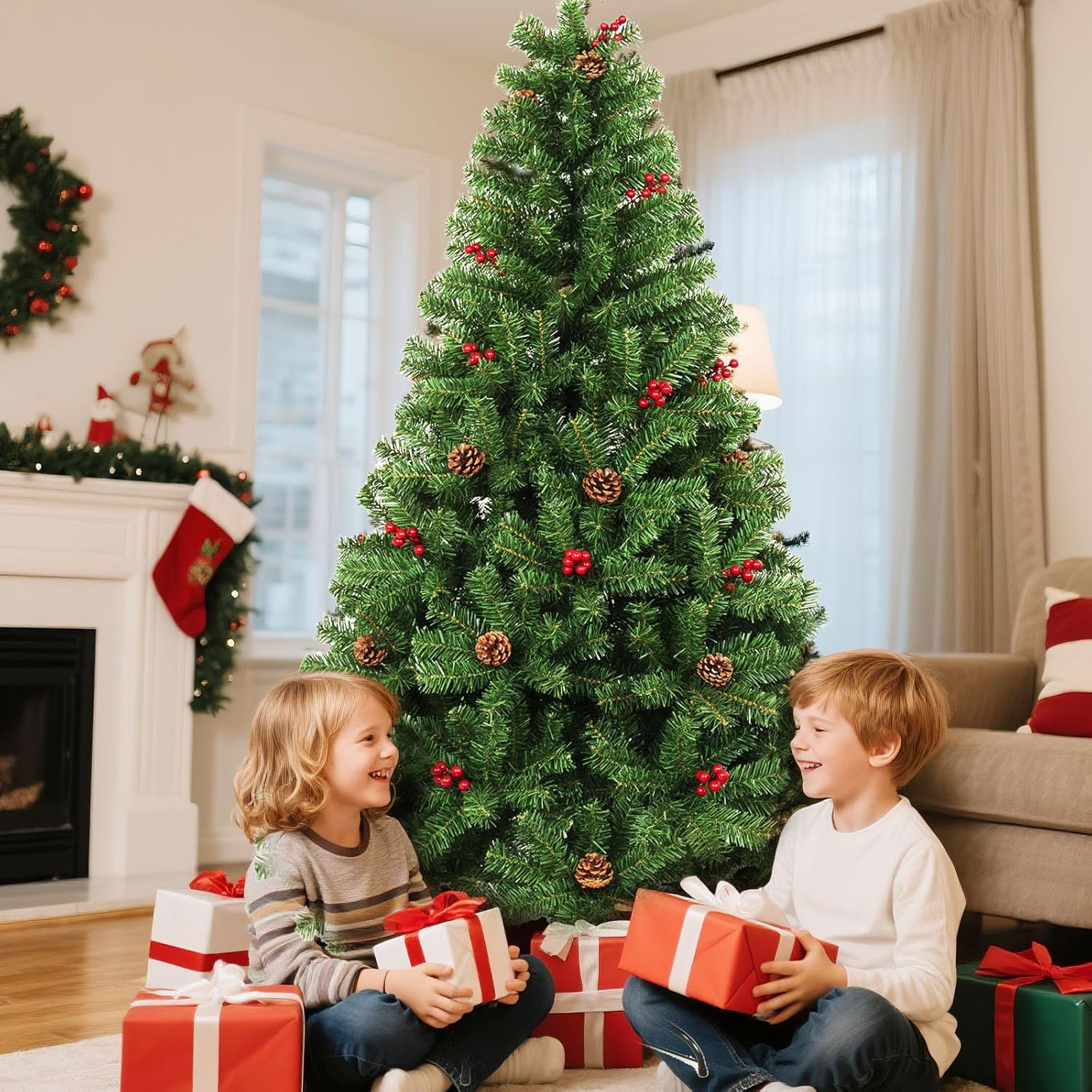7FT Artificial Christmas Tree with Pine Cone and Red Fruit Foldable Metal Stand
