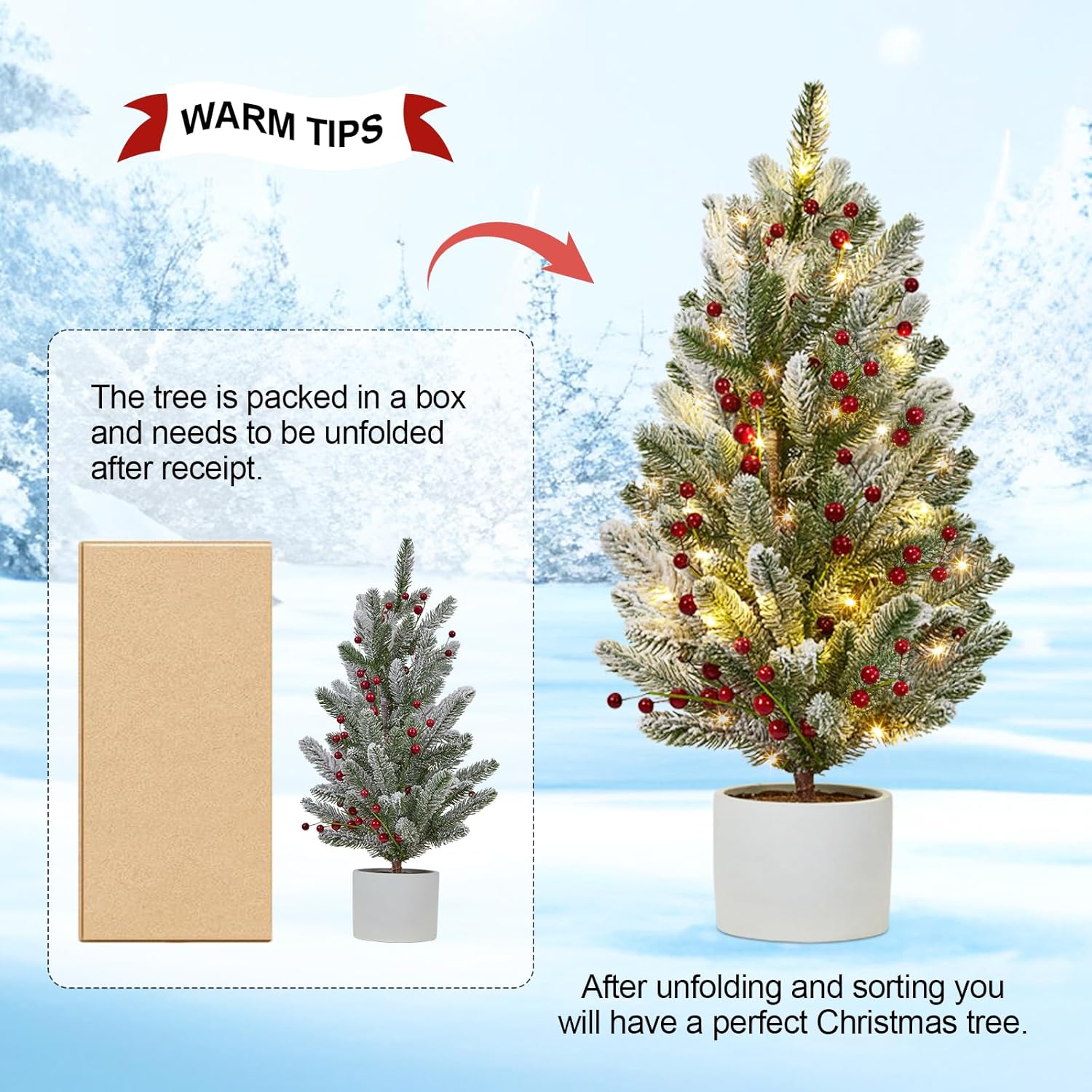 2 Ft Mini Prelit Frosted Christmas Tree with 50 LED Lights