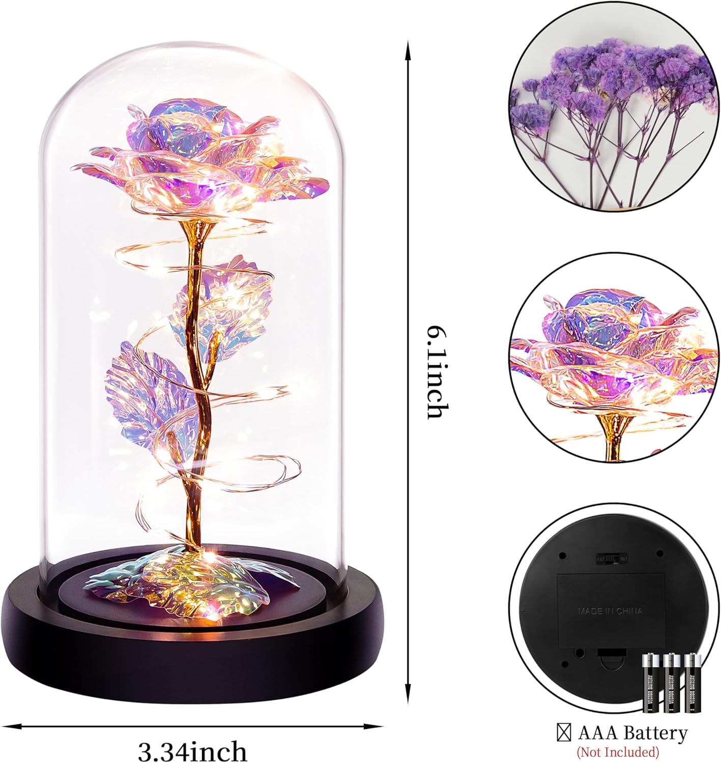 Light Up Rose in Glass Dome Birthday Gift for Her