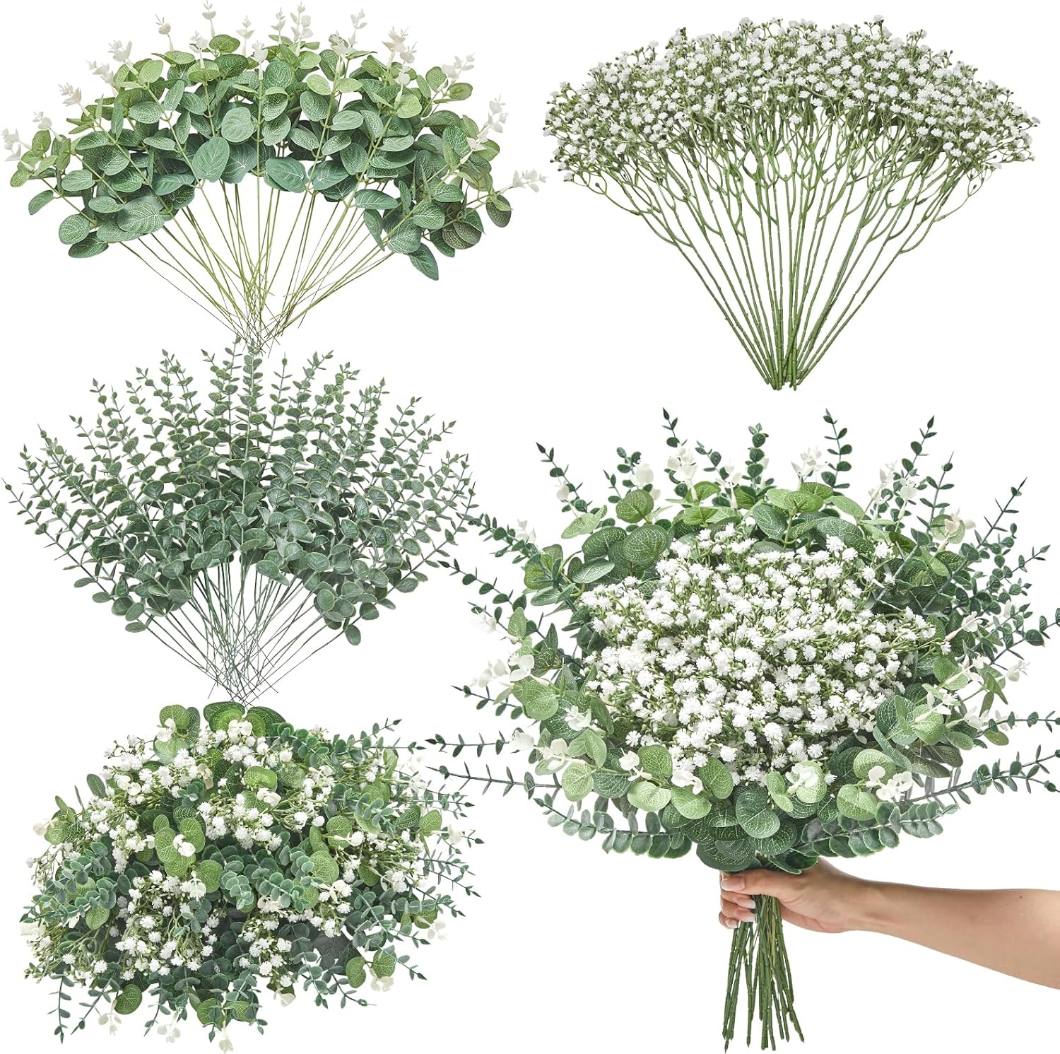 Serwalin 100 Pcs Mixed Artificial Eucalyptus Stems and Flowers