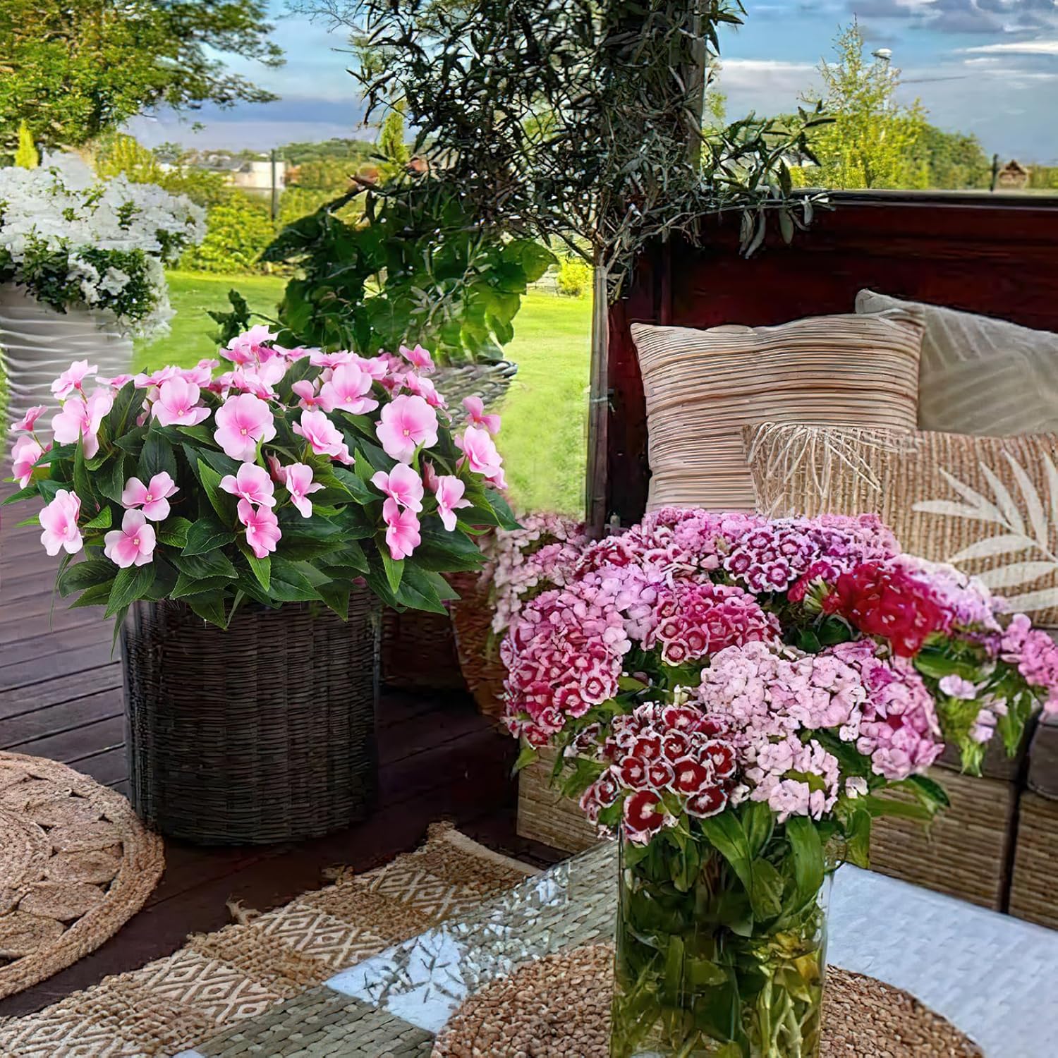 2 Branches Artificial Impatiens Flowers for Outdoor Decor