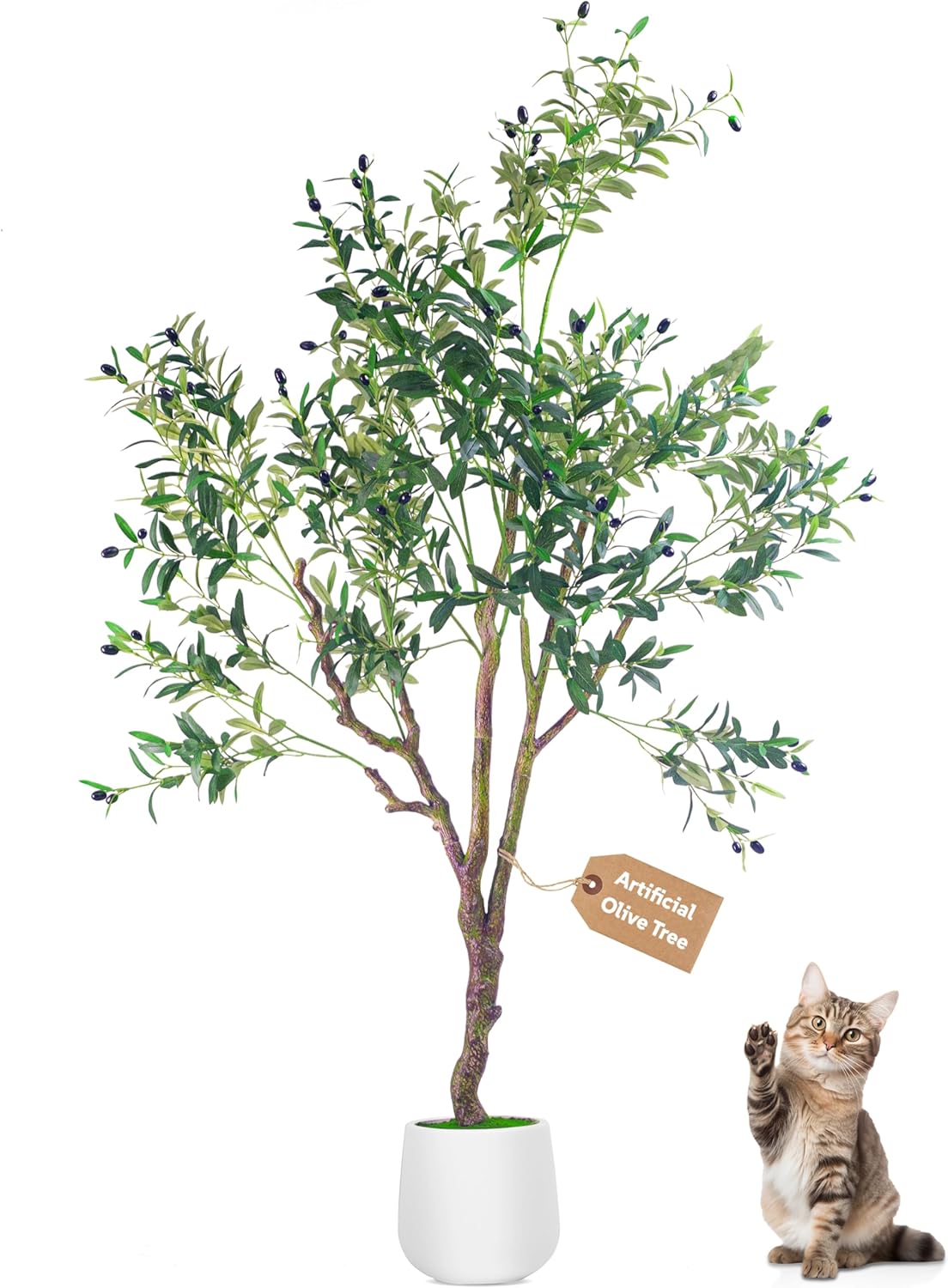 Faux Olive Tree 6FT Tall with White Planter and Lifelike Fruits