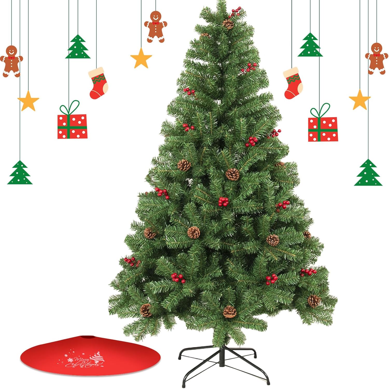 7FT Artificial Christmas Tree with Pine Cone and Red Fruit Foldable Metal Stand