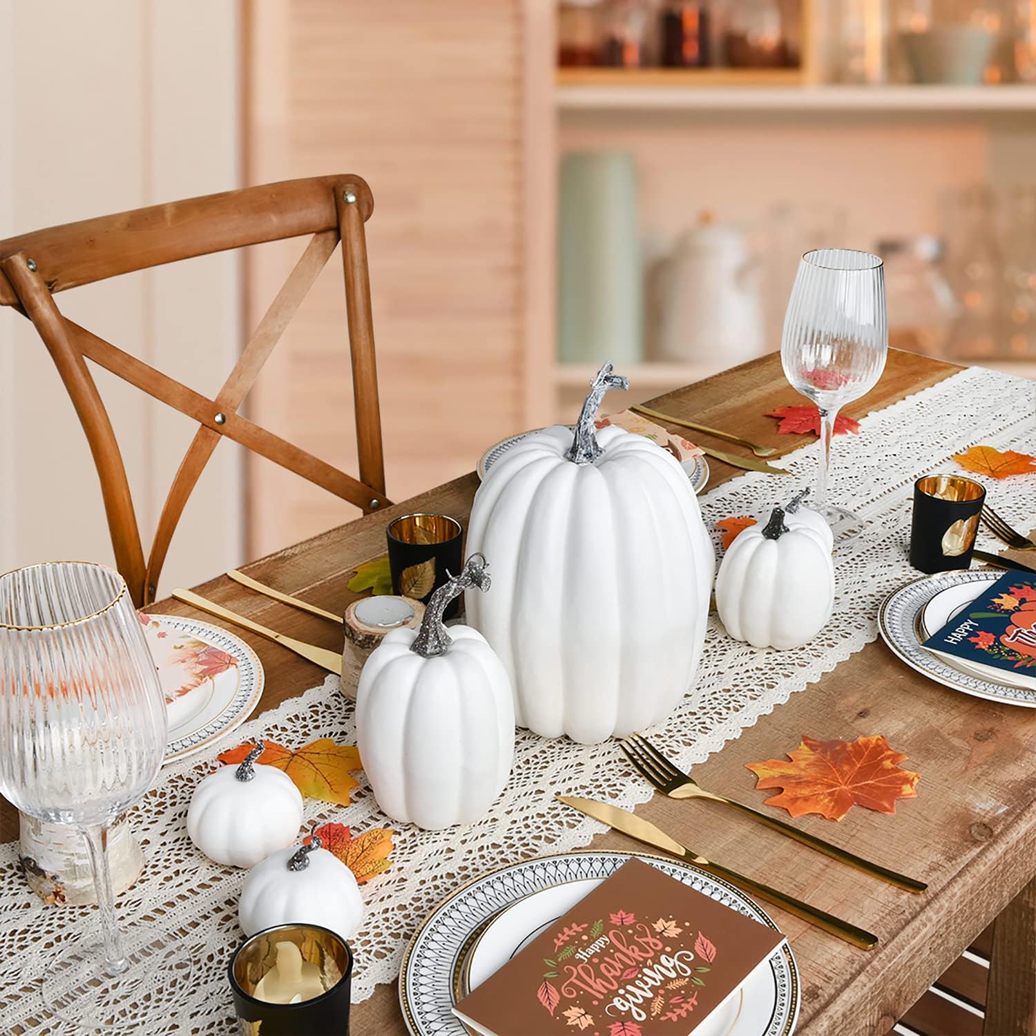 DearHouse 7Pcs Artificial White Pumpkin Fall Decor Set