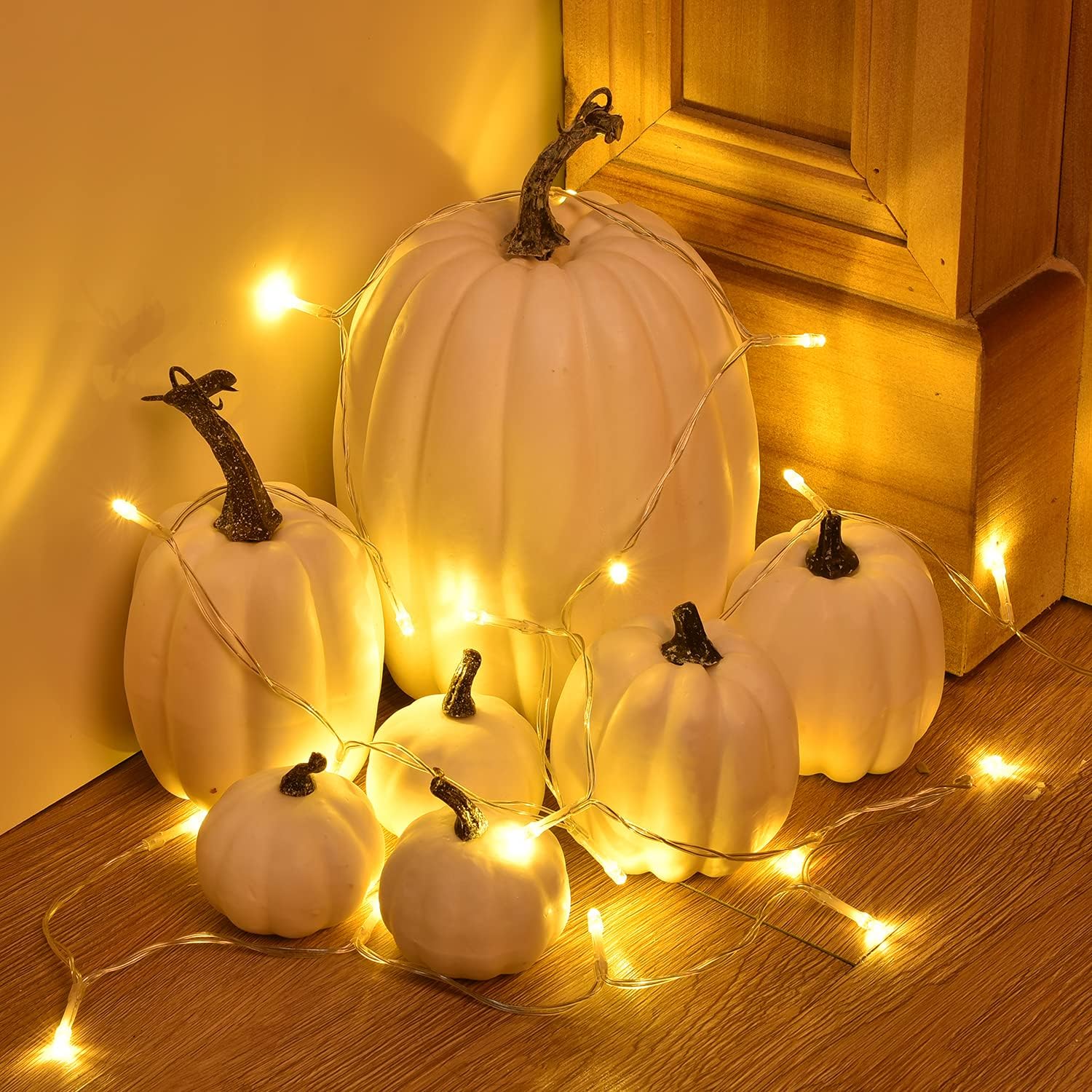 DearHouse 7Pcs Artificial White Pumpkin Fall Decor Set