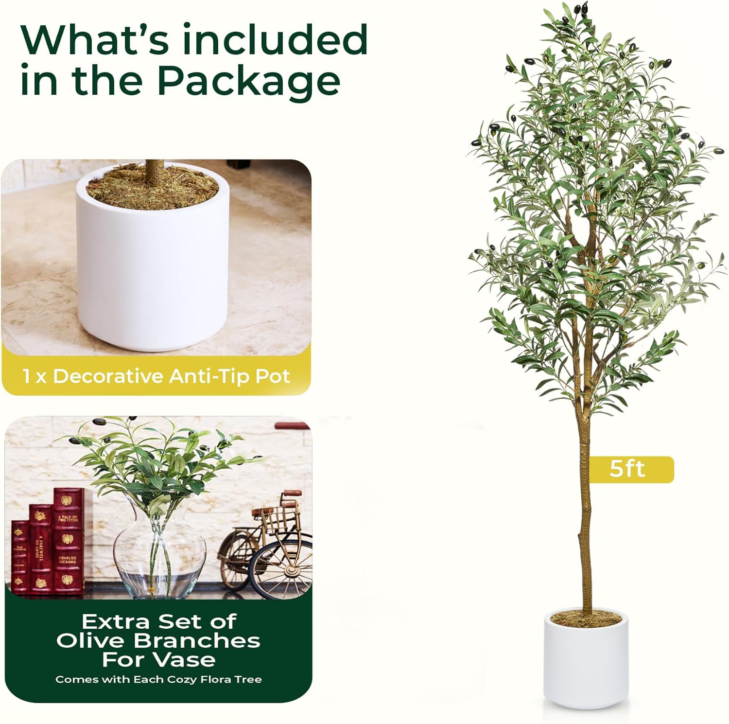 Faux Olive Tree 5ft - Artificial Indoor Decor with Pot