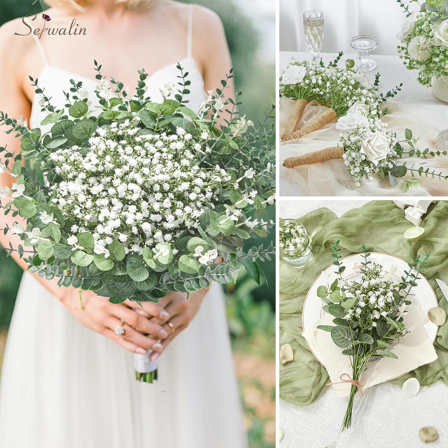 Serwalin 100 Pcs Mixed Artificial Eucalyptus Stems and Flowers