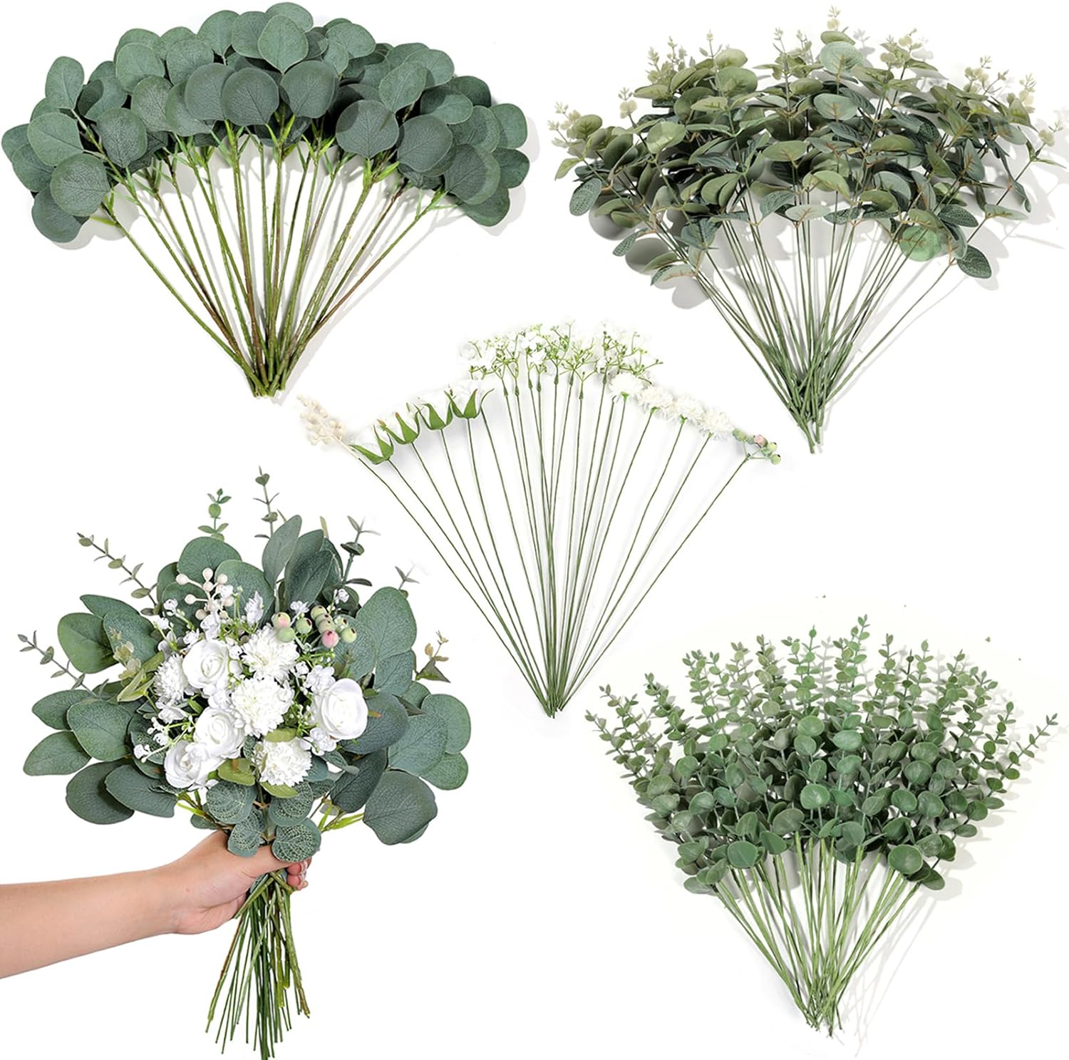 110 Pcs 7 Kinds Mixed Artificial Eucalyptus Stems and Flowers