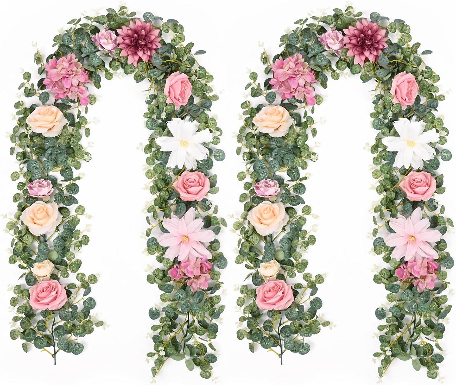 Waipfaru 2Pcs Artificial Flower Garland with Pink Roses and Eucalyptus Vines