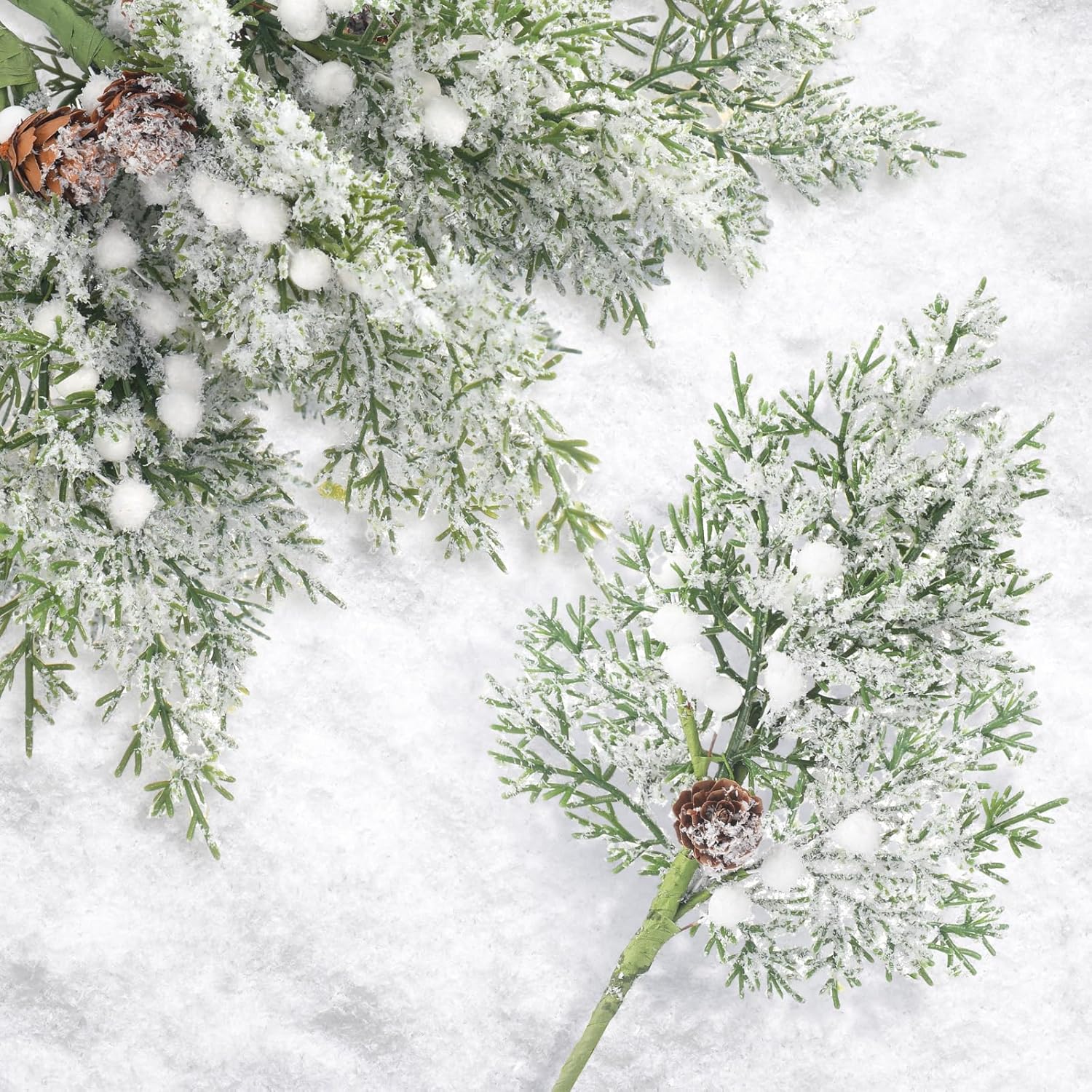 Lyrow 24 Pcs White Berry Christmas Artificial Cedar Branches with Snow