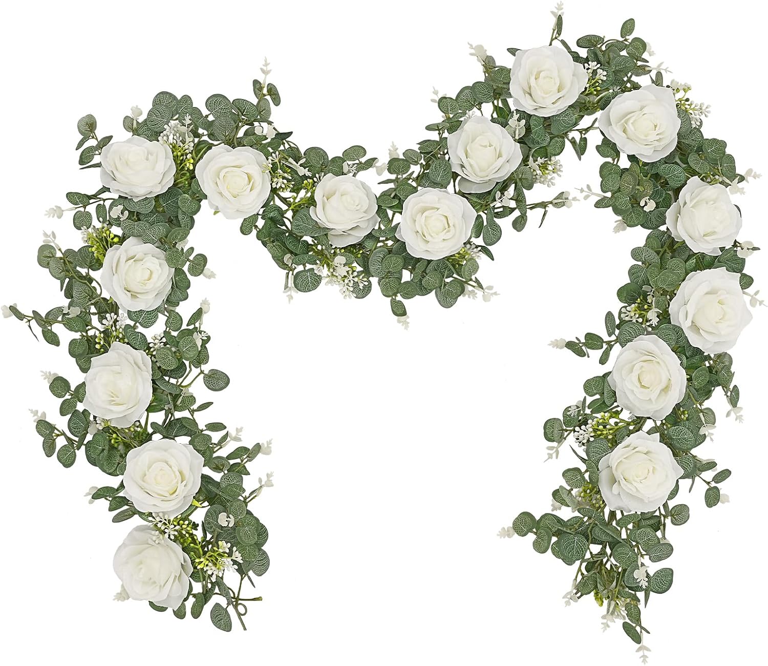 Dolicer Artificial Eucalyptus Garland with Flowers 2Pcs 13Ft White