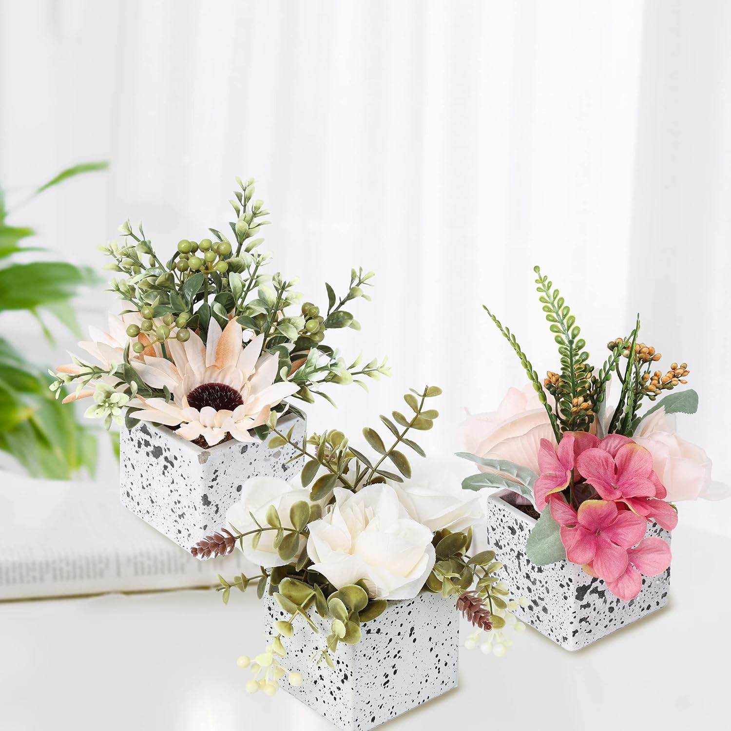 Jusdreen Artificial Flower Peony Eucalyptus Leaf Ceramic Pot Decor