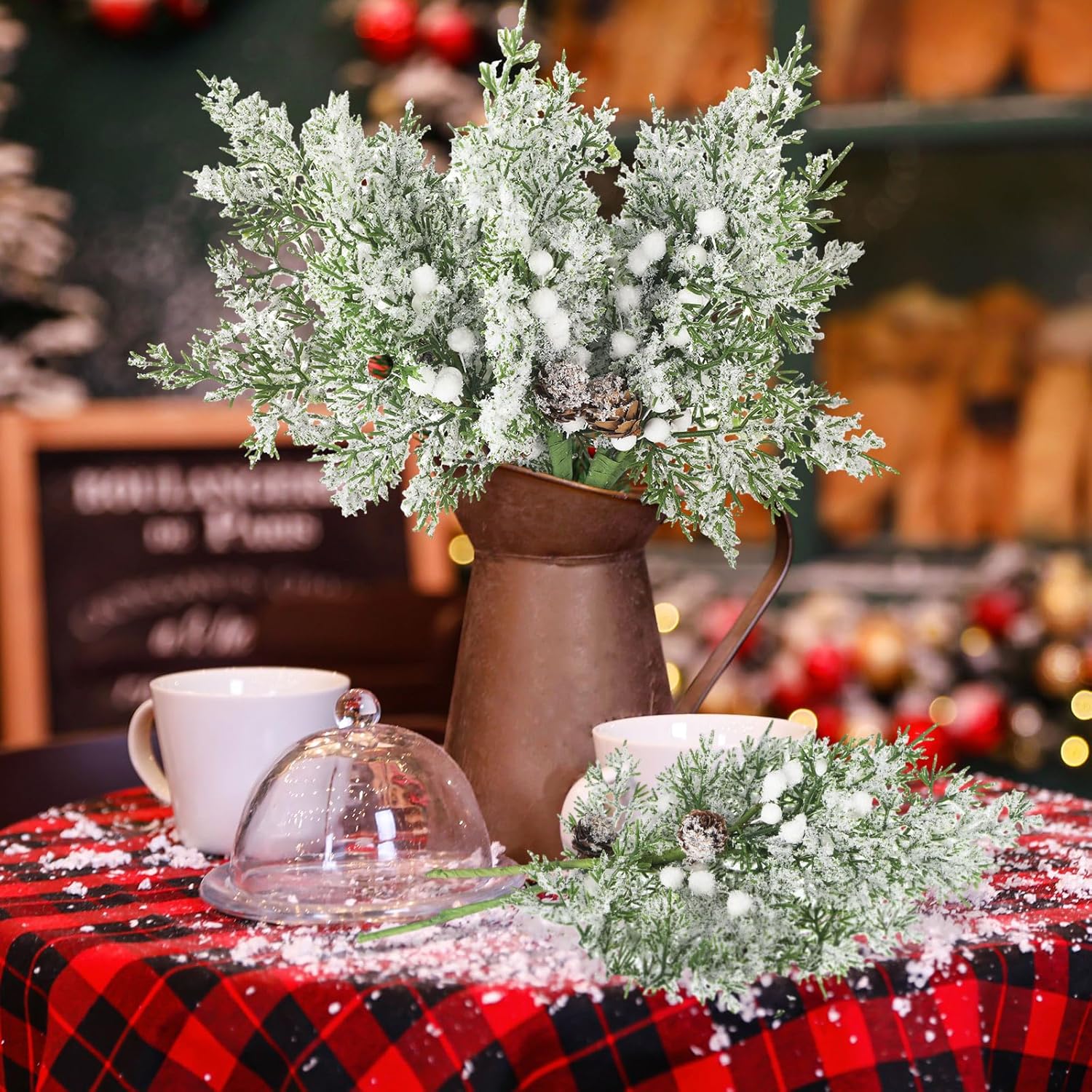 Lyrow 24 Pcs White Berry Christmas Artificial Cedar Branches with Snow