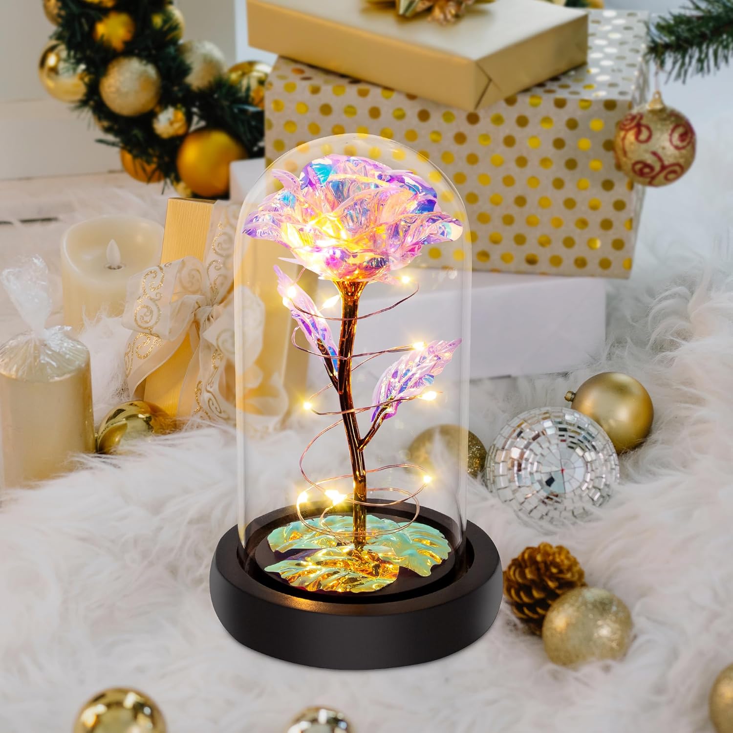 Light Up Rose in Glass Dome Birthday Gift for Her
