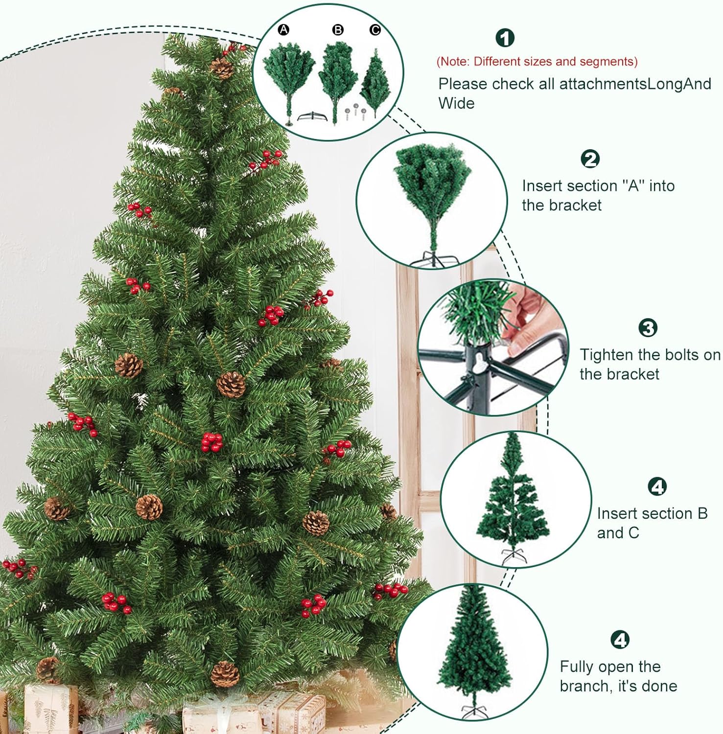 7FT Artificial Christmas Tree with Pine Cone and Red Fruit Foldable Metal Stand