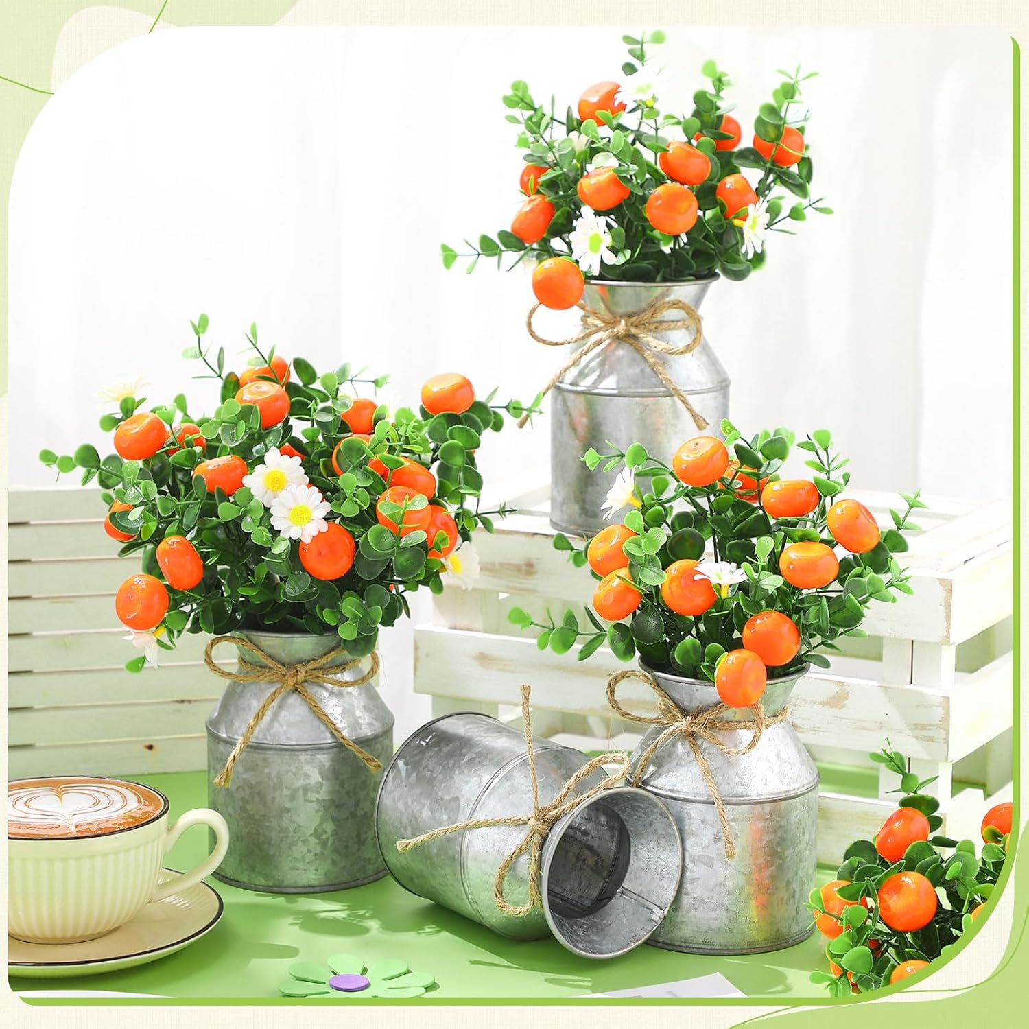 6 Piece Orange Centerpieces with Daisy Flowers and Vase