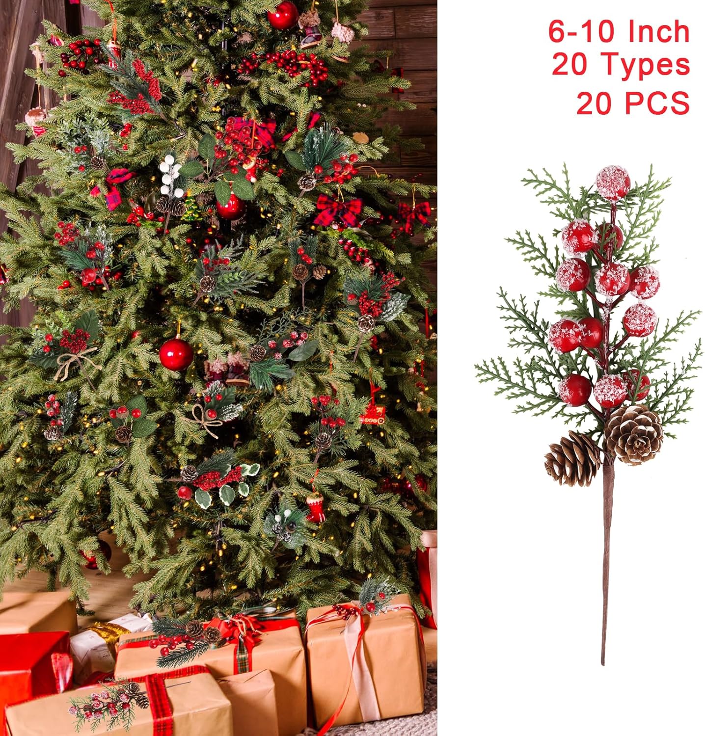 20 Pcs Artificial Christmas Tree Picks with 20 Styles