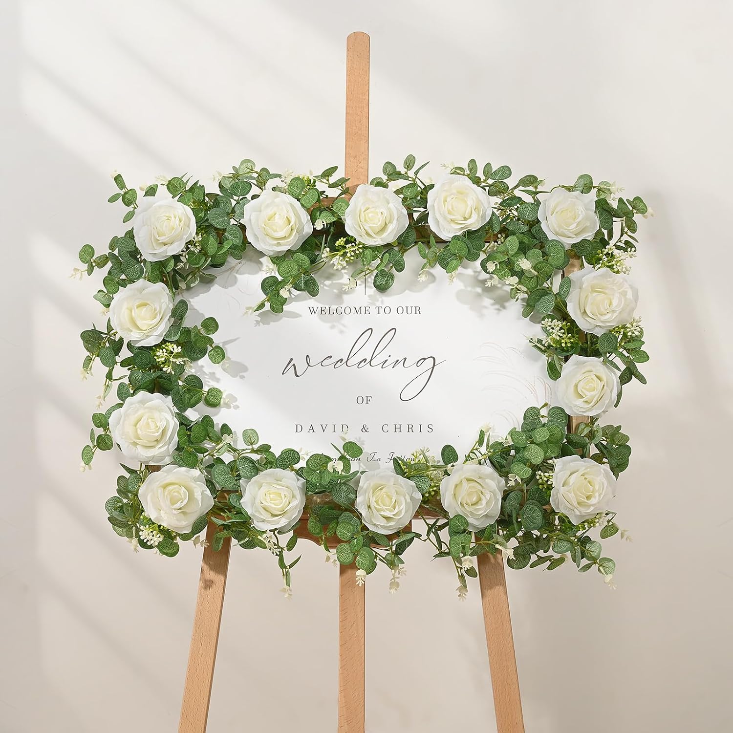 Dolicer Artificial Eucalyptus Garland with Flowers 2Pcs 13Ft White