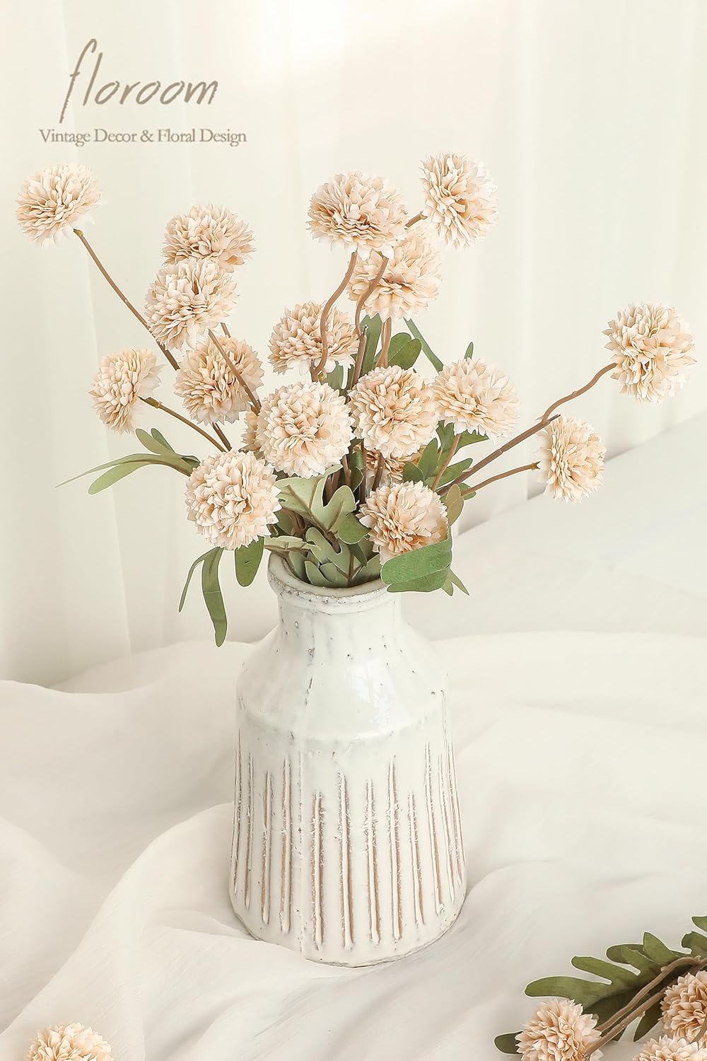 Floroom 5pcs Faux Silk Pompon Mums Artificial Flowers Beige