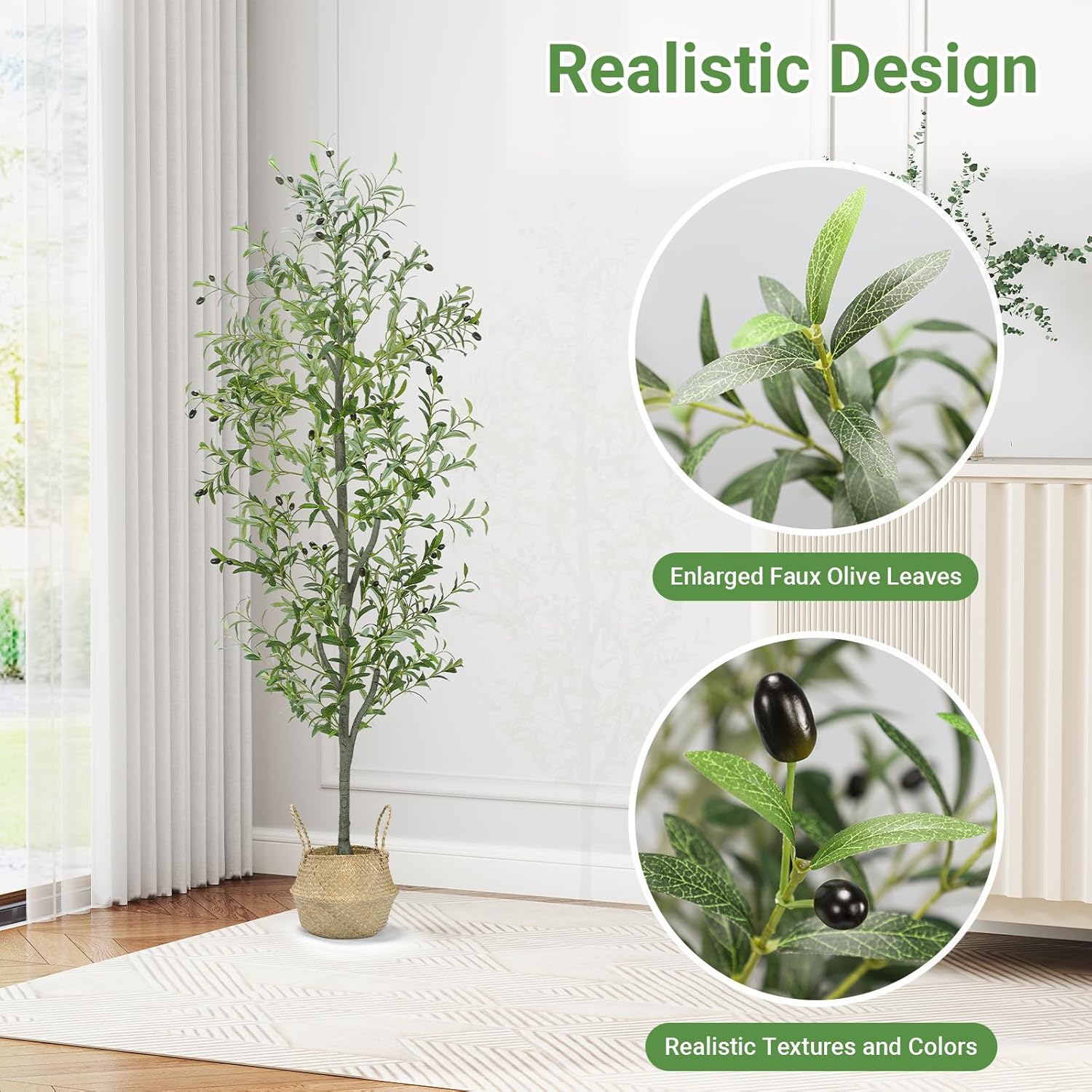 Liyarya 6FT Artificial Olive Tree with Wicker Basket and Black Pot