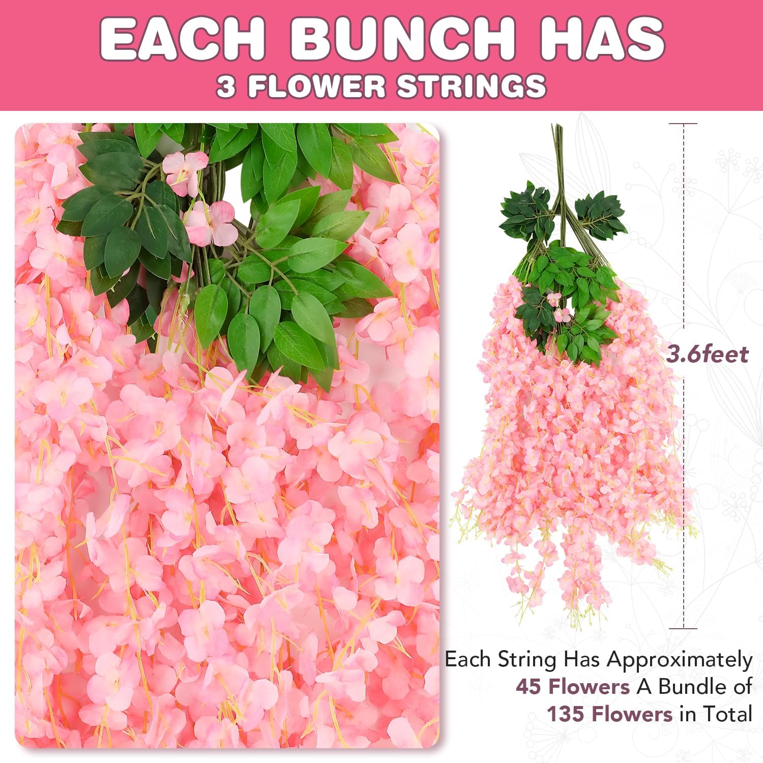 Alotiki Wisteria Garland Artificial Flowers 36ft Pink