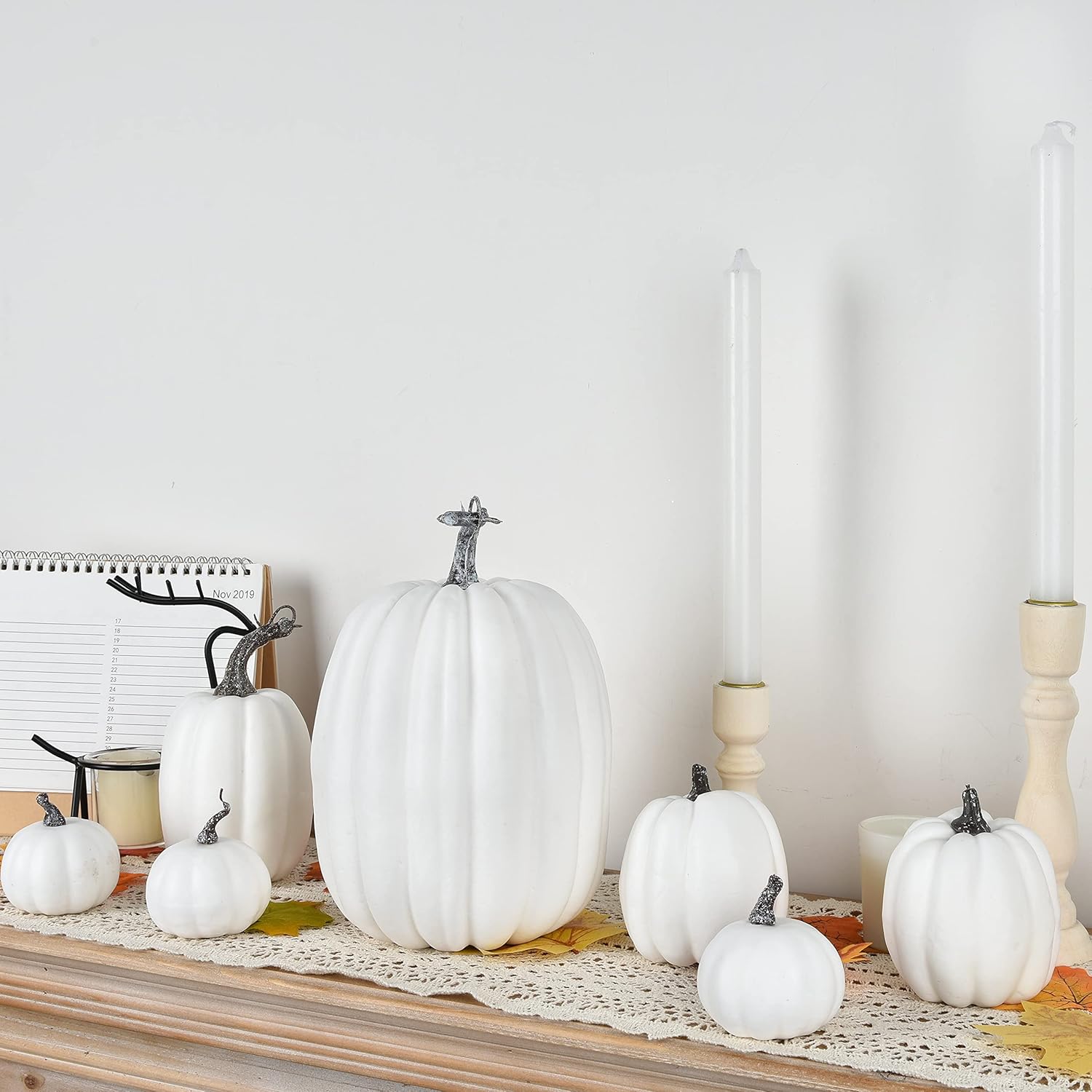 DearHouse 7Pcs Artificial White Pumpkin Fall Decor Set