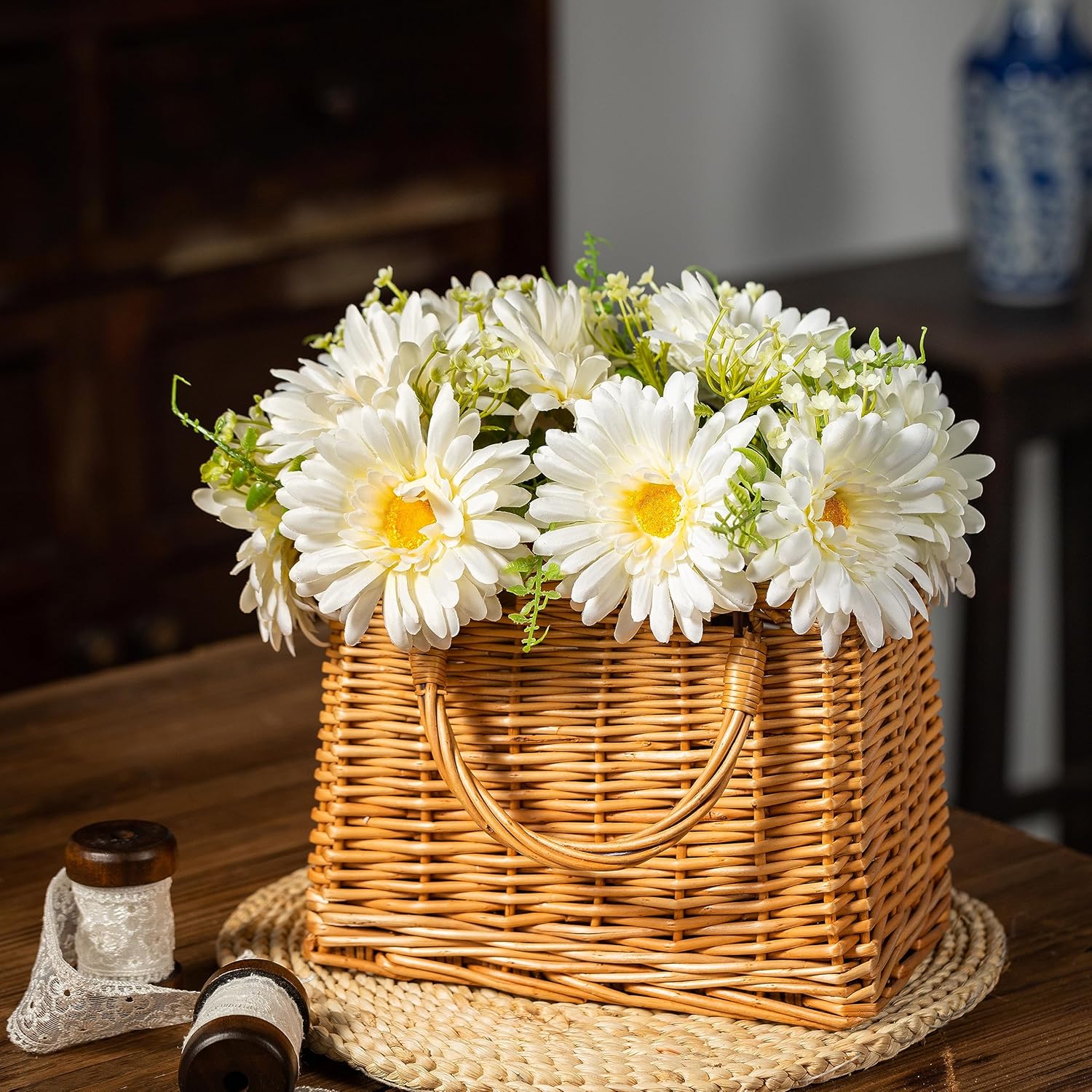 TOPIA Artificial Daisies Gerbera Bouquet 10 Stems Silk White