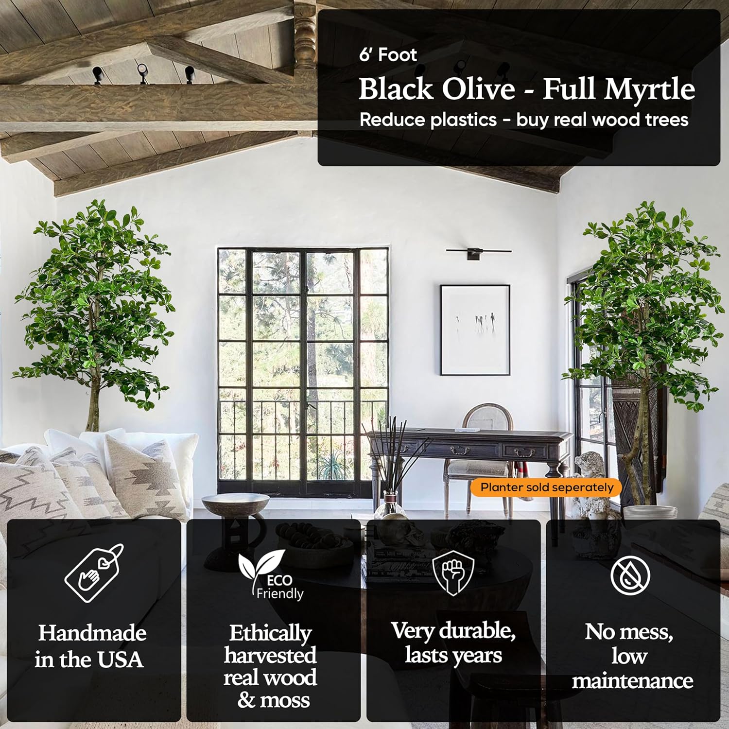 Cypress Alabaster 6ft Italian Black Olive Leaf Artificial Tree with Real Wood Trunk