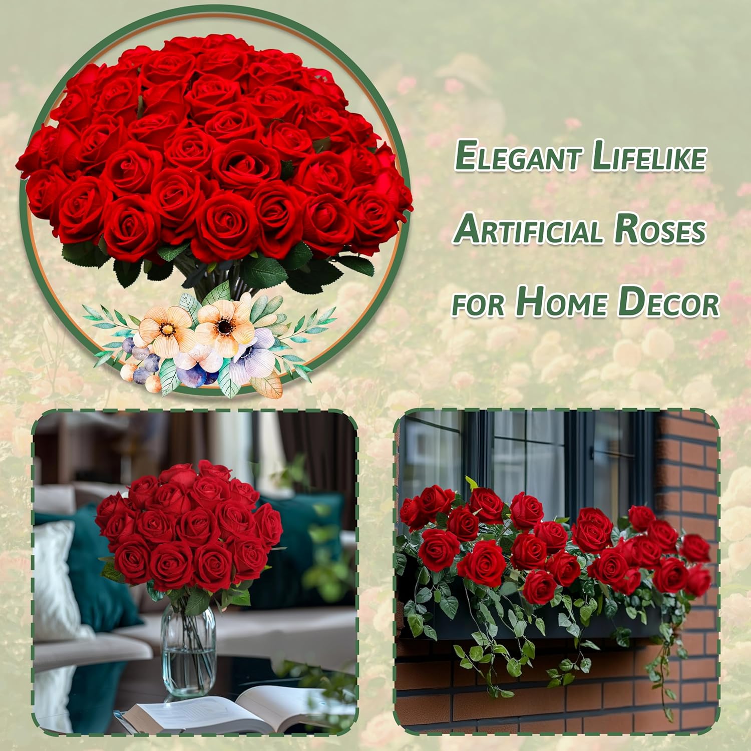 50PCS Artificial Red Roses for Wedding and Home Decor