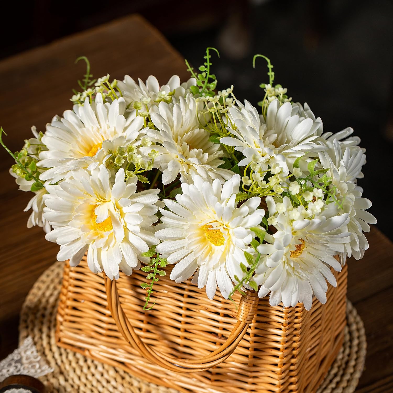 TOPIA Artificial Daisies Gerbera Bouquet 10 Stems Silk White