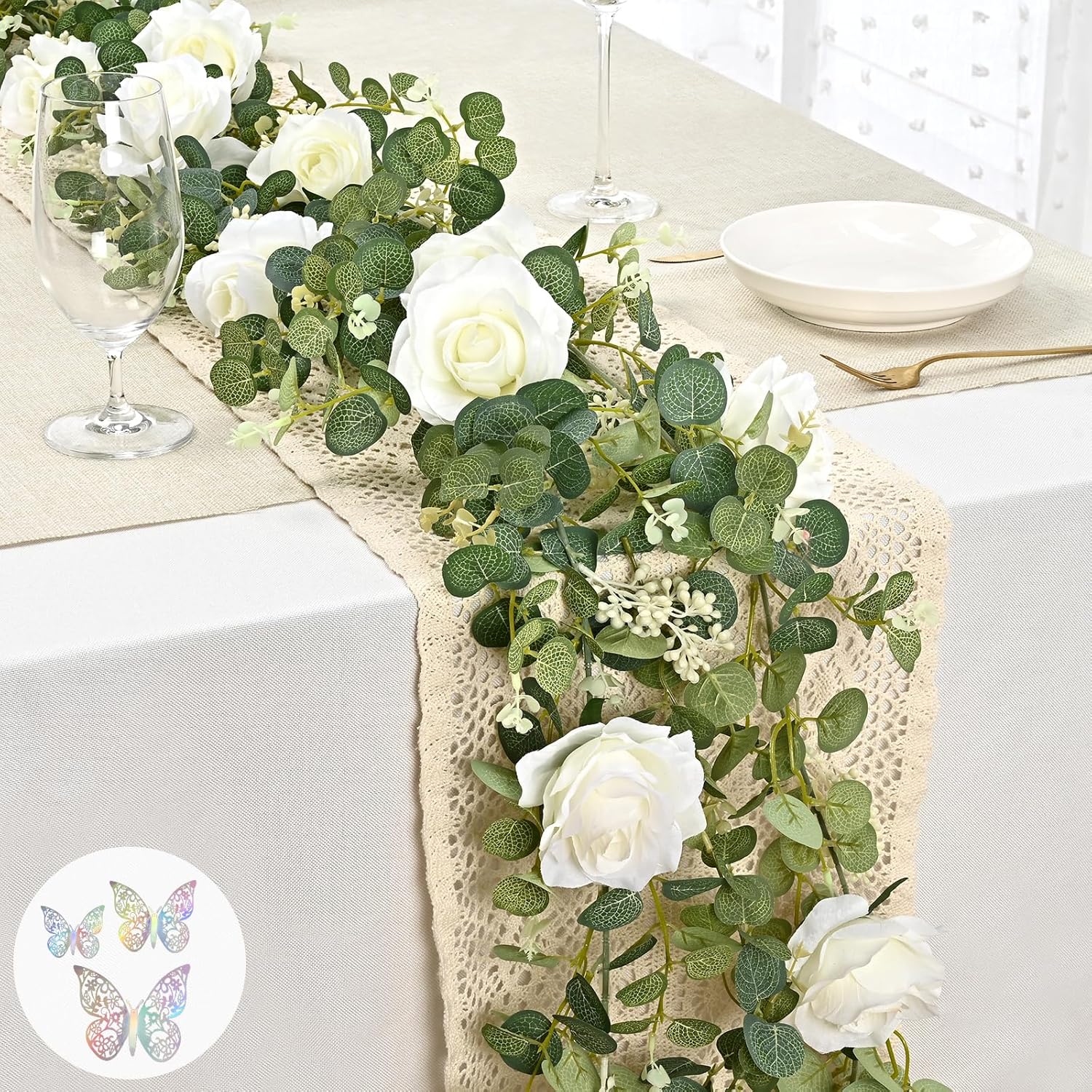 Yastouay 66 Ft White Flower Garland with 3D Butterflies